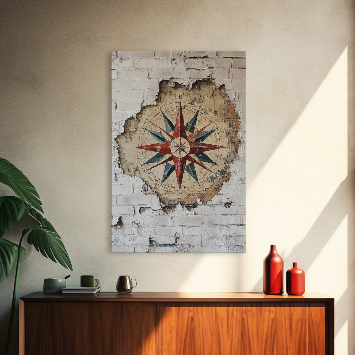 The Compass Rose Behind The Wall Framed Canvas Print, Beach Wall Decor, Travel Decor, Vacation Gift Idea