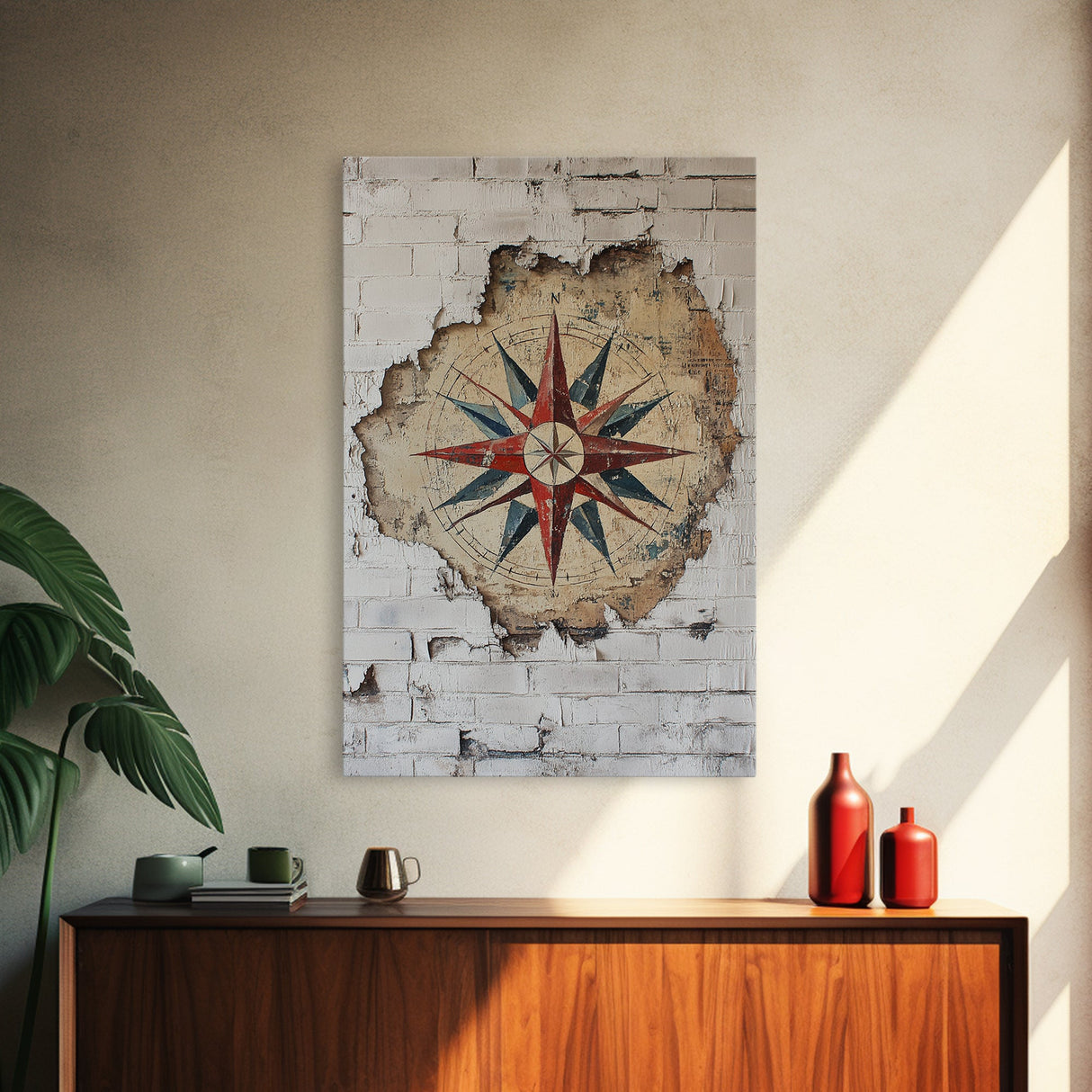 The Compass Rose Behind The Wall Framed Canvas Print, Beach Wall Decor, Travel Decor, Vacation Gift Idea