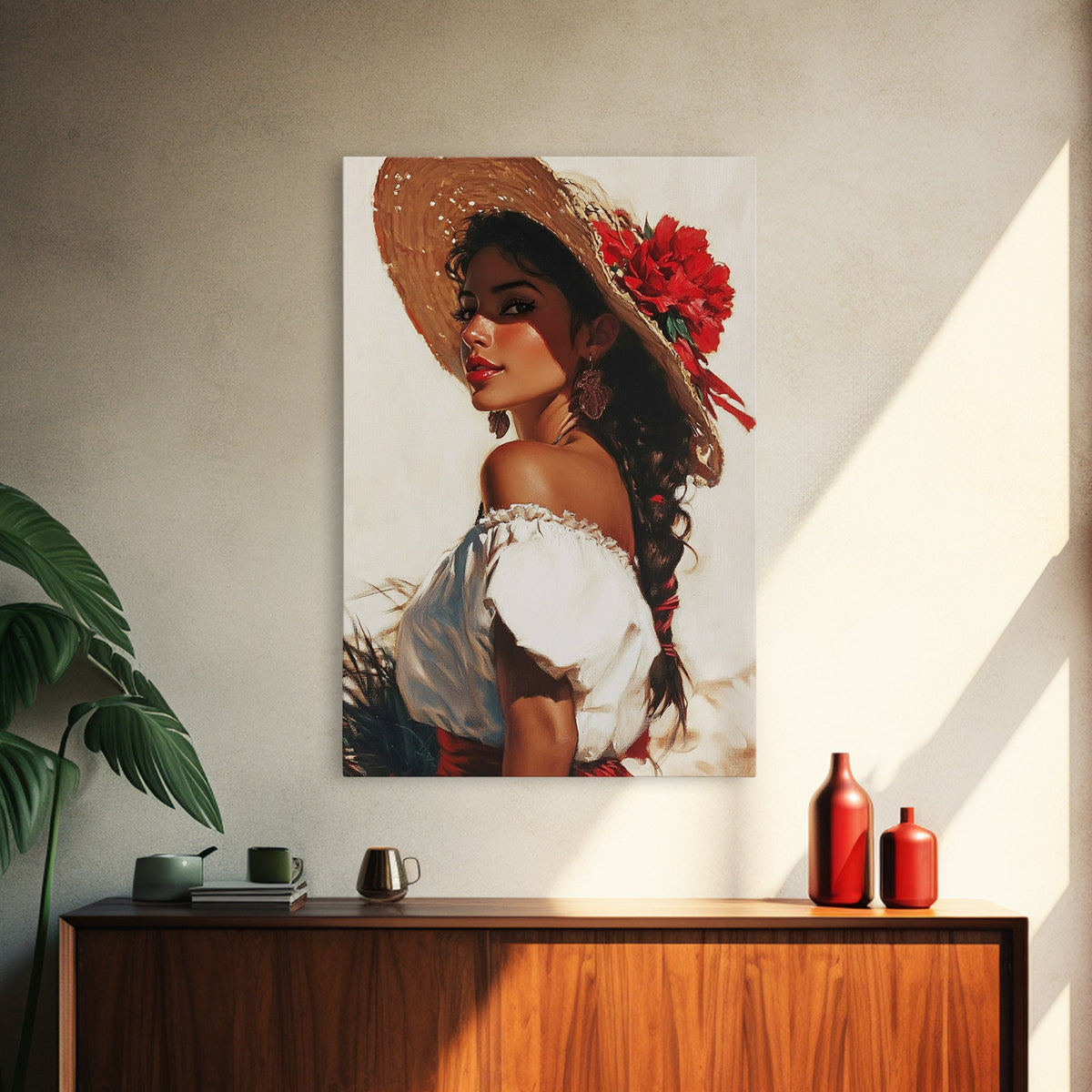Mexicano Latina Portrait Canvas Print, Romantic Mariachi Wall Decor, Southwestern Modern Art, Rustic Mexicano Wall Art, Chicano Painting