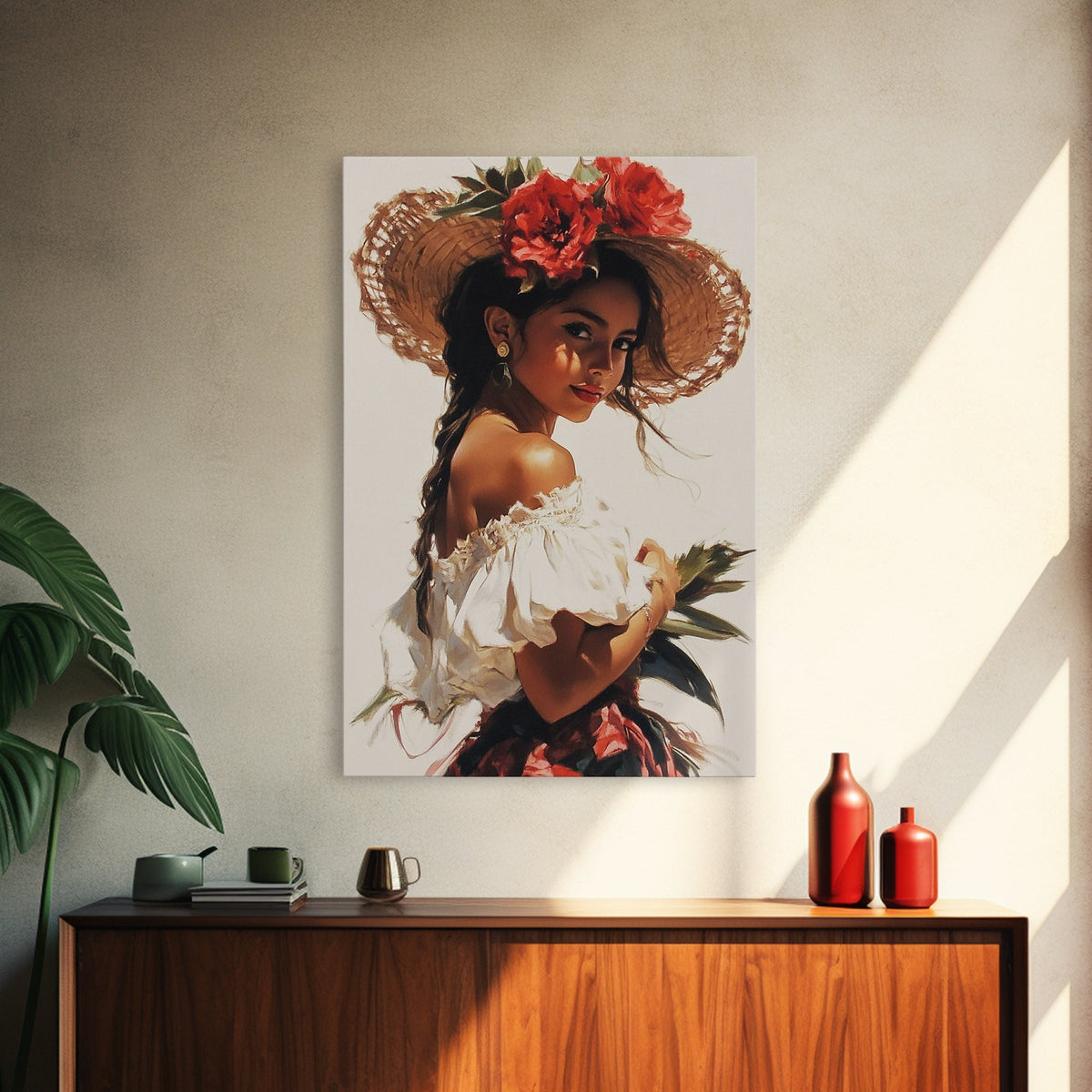 Portrait of a Latina Framed Canvas Print, Mariachi Home Decor, Chicano Painting, Southwestern Modern Art, Tejano Decor, Rustic Mexicano Art