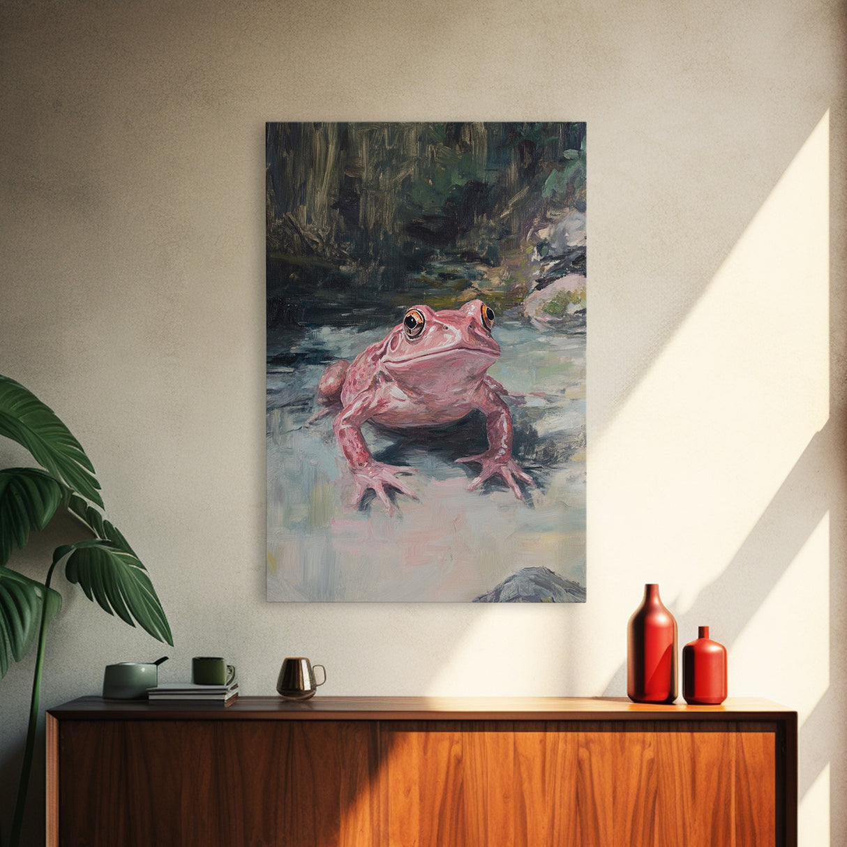 Painting of a Pink Frog, Framed Canvas Print, Wood Framed Wall Art, Home Decor, Preppy Pink Frog Wall Art, Dark Academia Decor