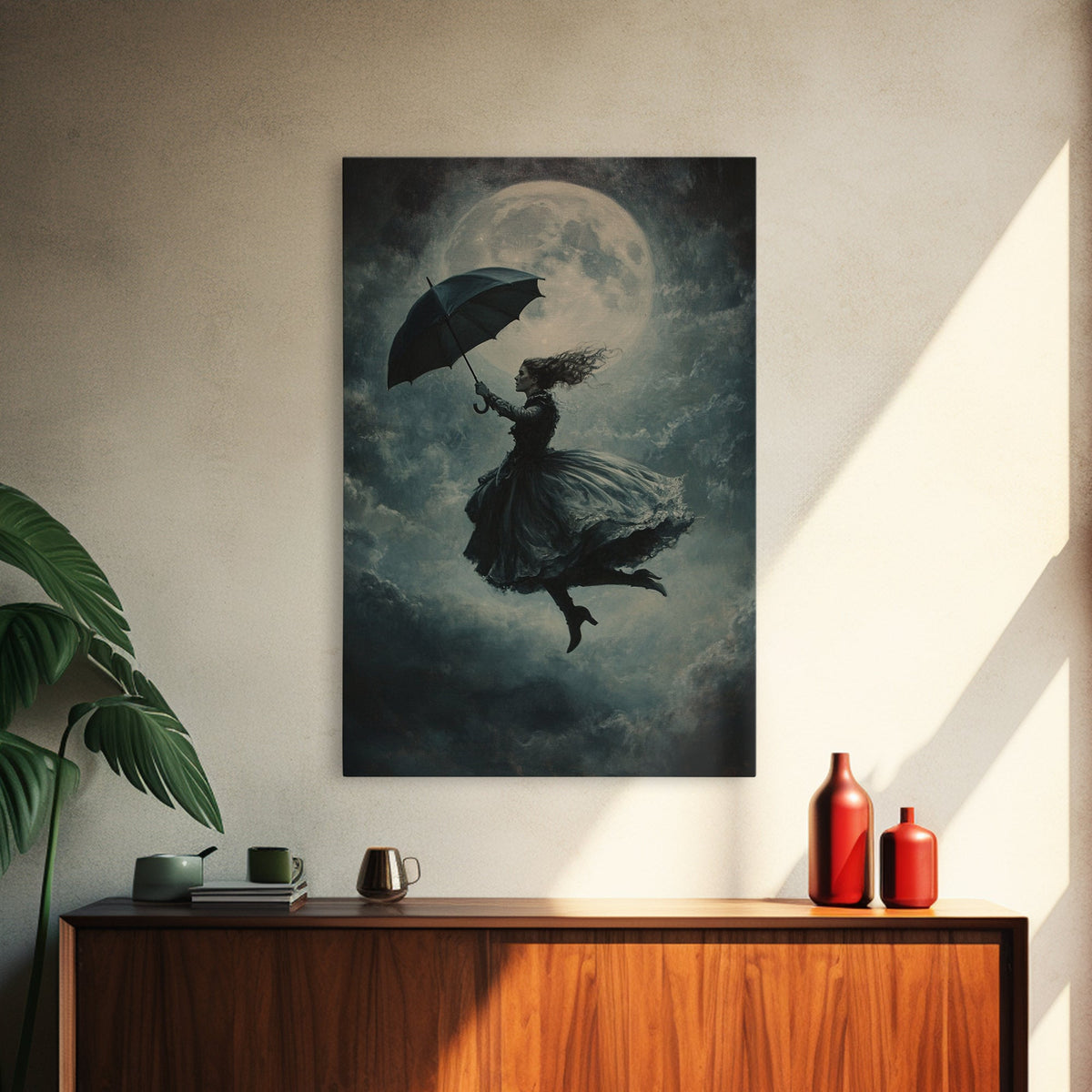 The Witch and her Umbrella Framed Canvas print, Witchy Decor, Witch painting, Witch Wall Art, Halloween Gift Idea