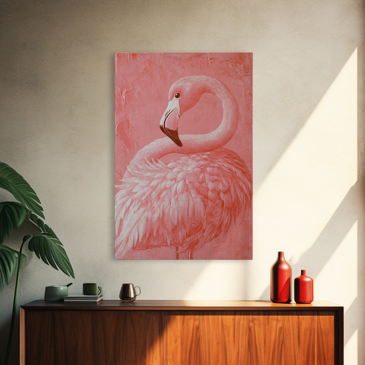 Pink Flamingo Painting Print, Preppy Trendy Wall Art, Animal Print, Framed Canvas Print, Wood Framed Art, Dorm Decor, Apartment Art