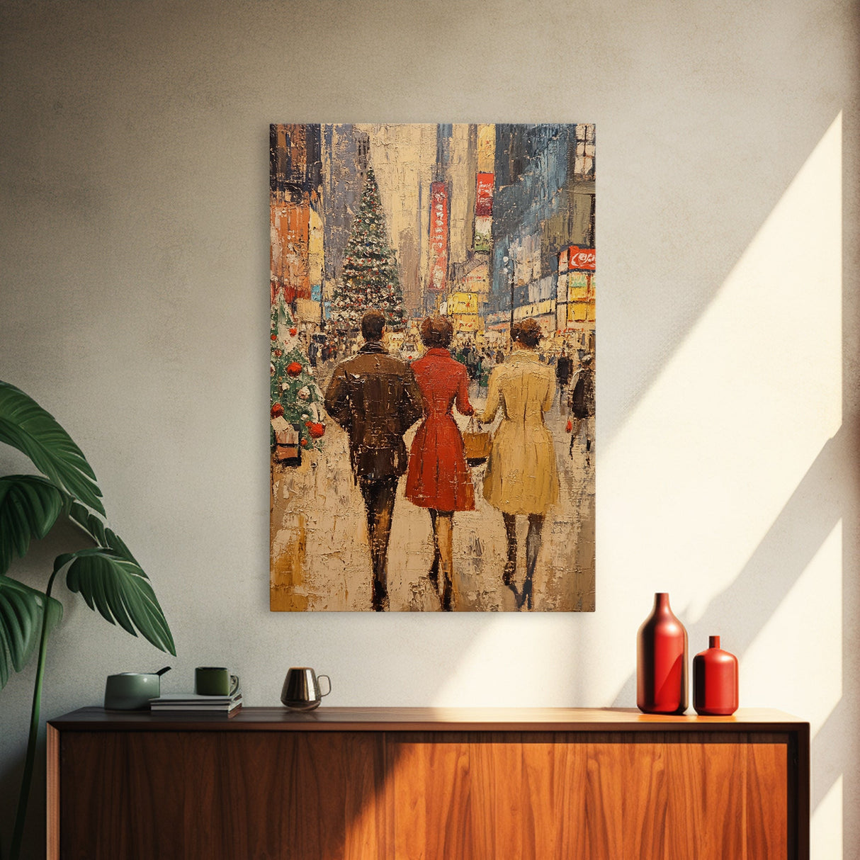 Retro Christmas Town Scene with Shoppers Walking The Streets, Framed Canvas print, Holiday Street Decor, Framed Canvas Winter Wall Art