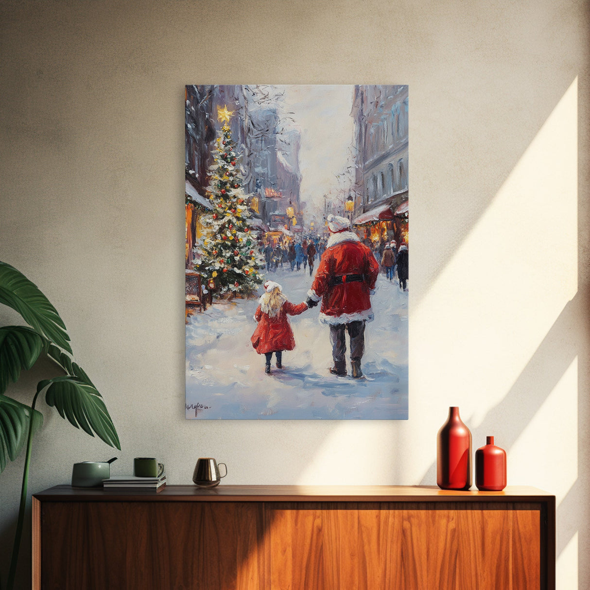 Santa in the Town Square, Framed Cavnas Print, Christmas Decor, Christmas Wall Art, Rustic Wall Art, Retro Christmas Wall Art