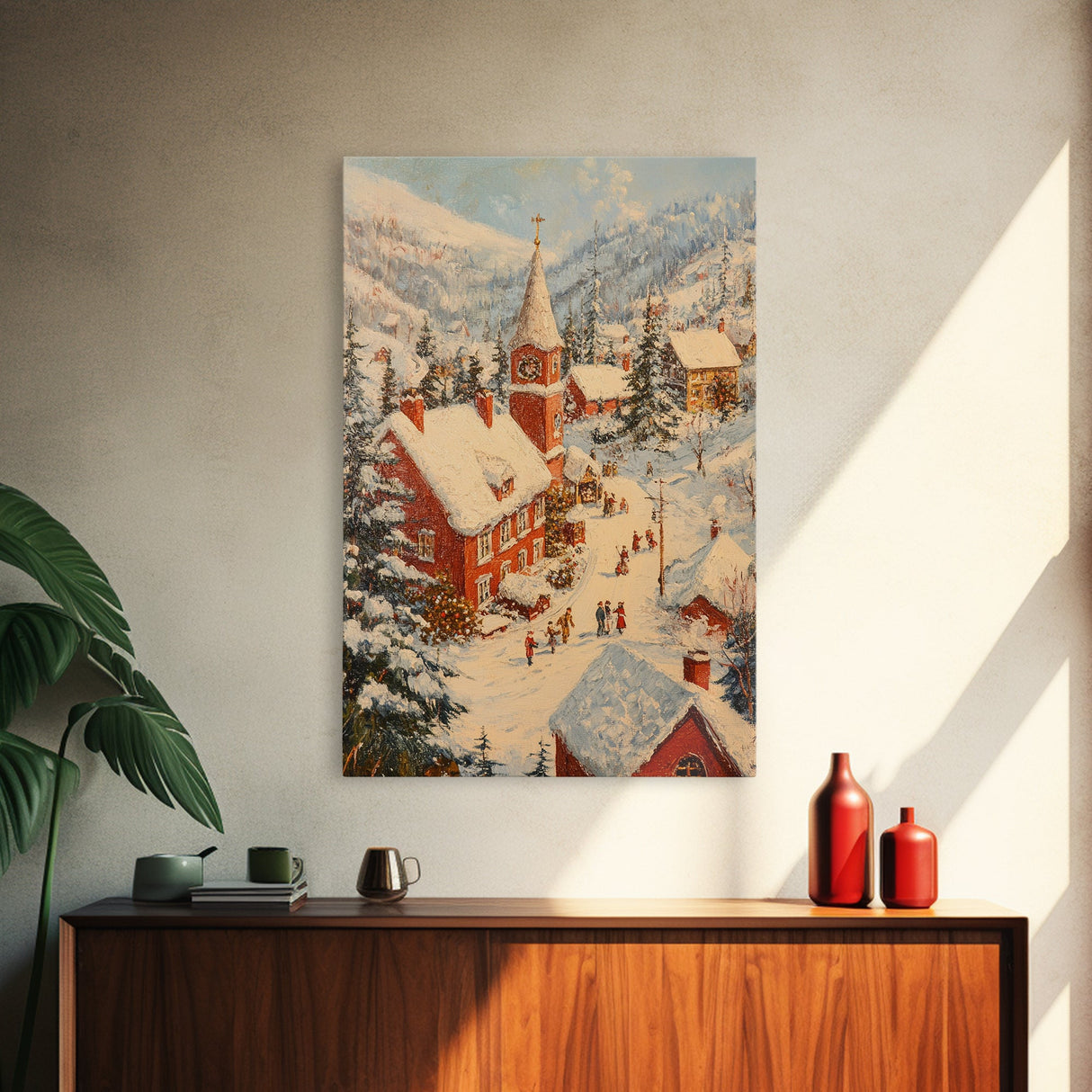 Victorian Christmas Village Art Canvas Print, Christmas Village Painting, Christmas Mantle Art, Christmas Centerpiece Wall Art