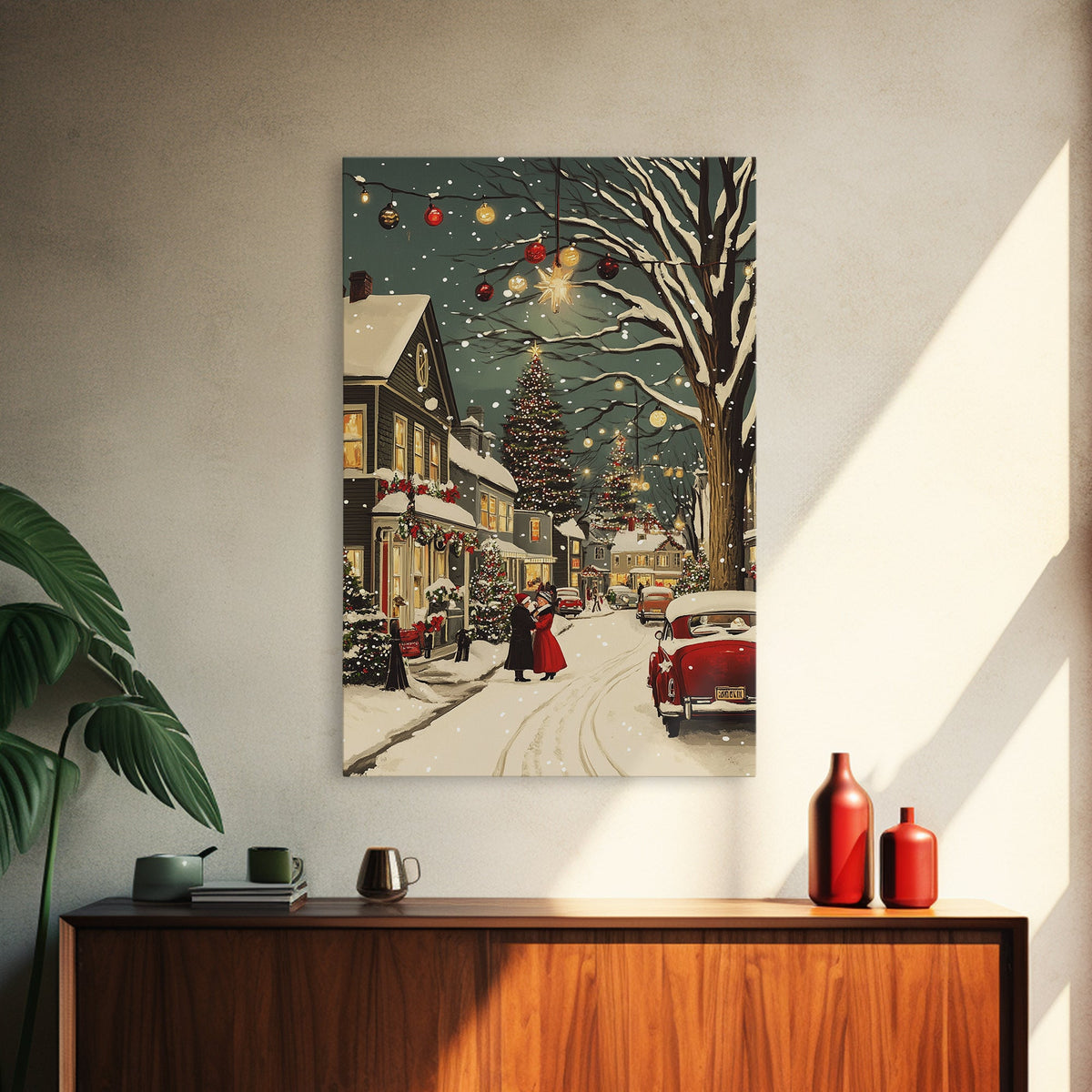 Vintage Christmas Wall Art, Framed Canvas Print, Vintage Art Print, Christmas Village Painting, Christmas Wall Art, Christmas Print