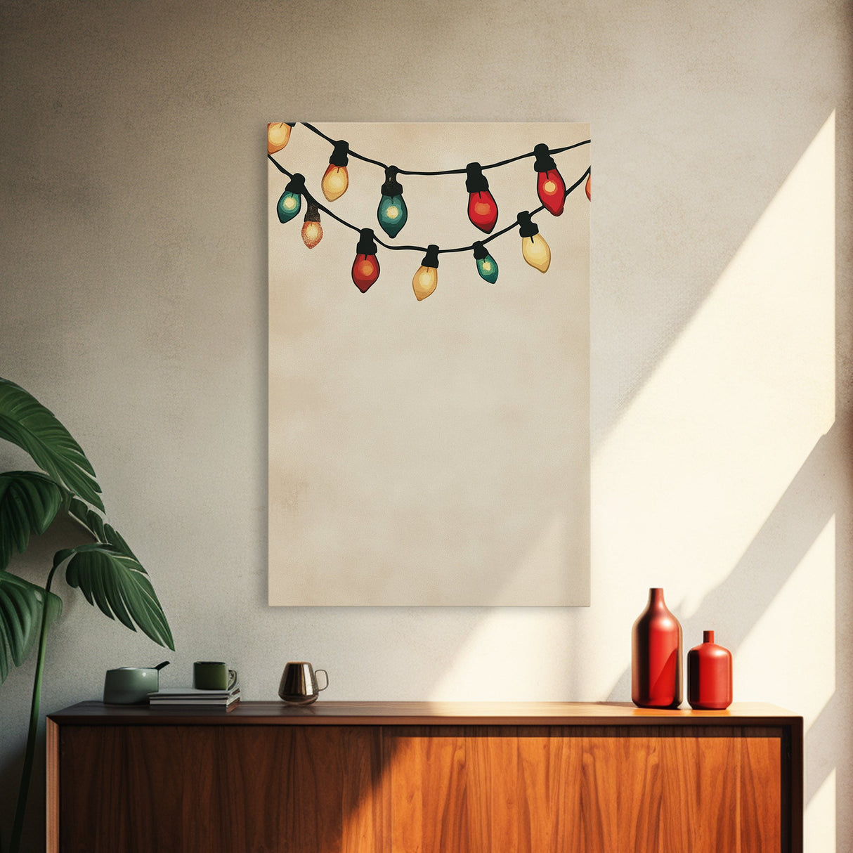 Drawing of Retro Christmas Lights Canvas Print - Framed Canvas - Minimalist Christmas Art - Boho Christmas Art - Rustic Christmas Art