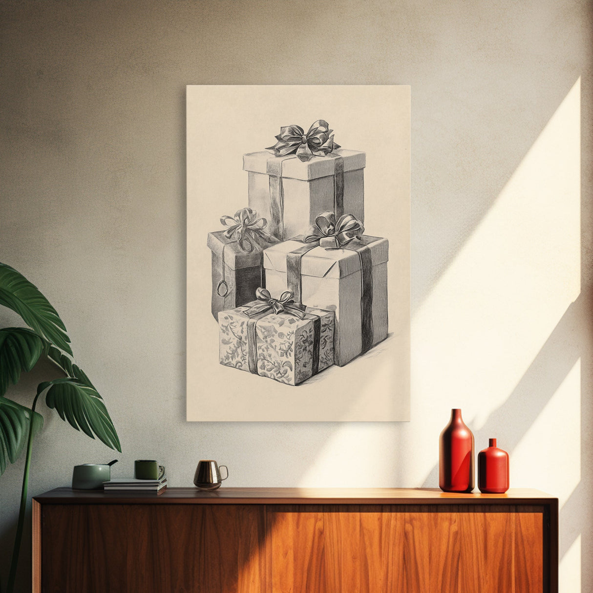 Drawing of Christmas Gifts Canvas Print - Framed Canvas - Minimalist Christmas Art - Boho Christmas Art - Rustic Christmas Art