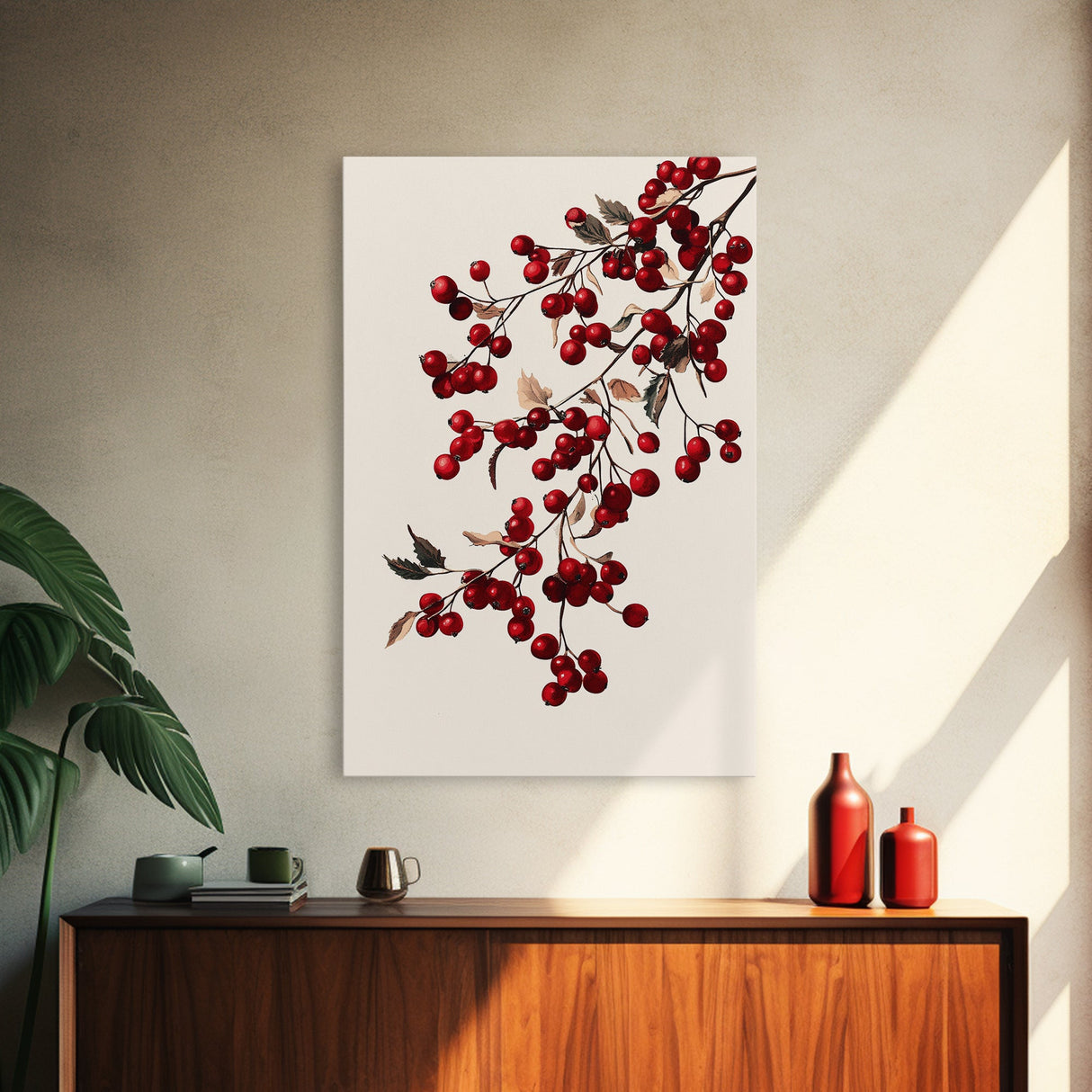 Vintage Holly Berries Canvas Print - Framed Canvas - Minimalist Christmas Art - Boho Christmas Art - Rustic Christmas Art