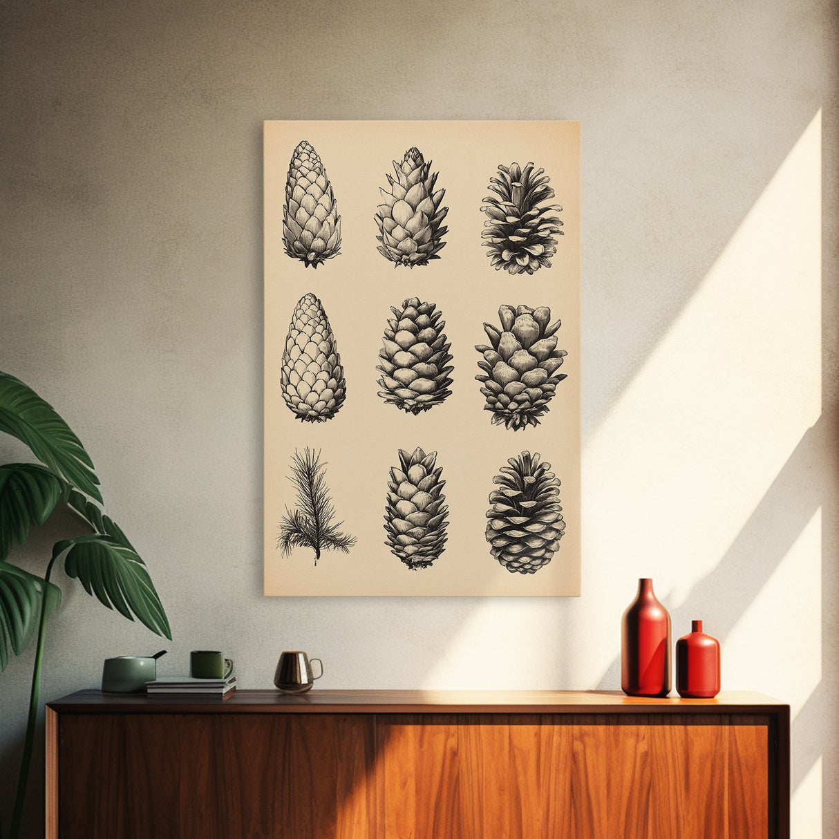 Vintage Pinecones Canvas Print - Framed Canvas - Minimalist Christmas Art - Boho Christmas Art - Rustic Christmas Art
