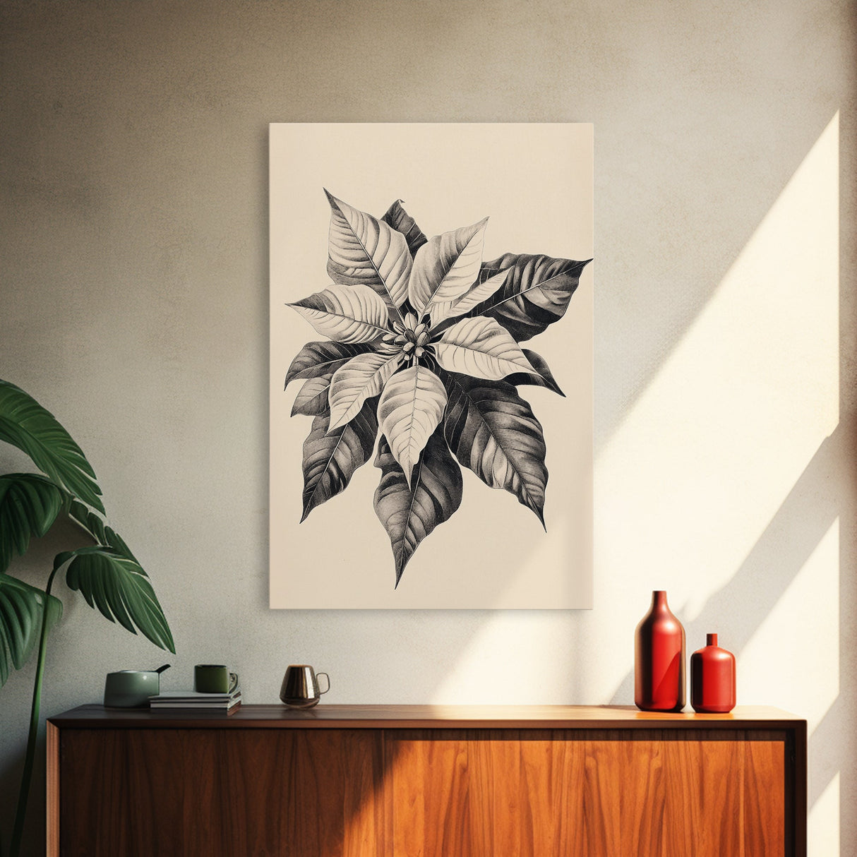 Poinsetta Canvas Print - Framed Canvas - Minimalist Christmas Art - Boho Christmas Art - Rustic Christmas Art