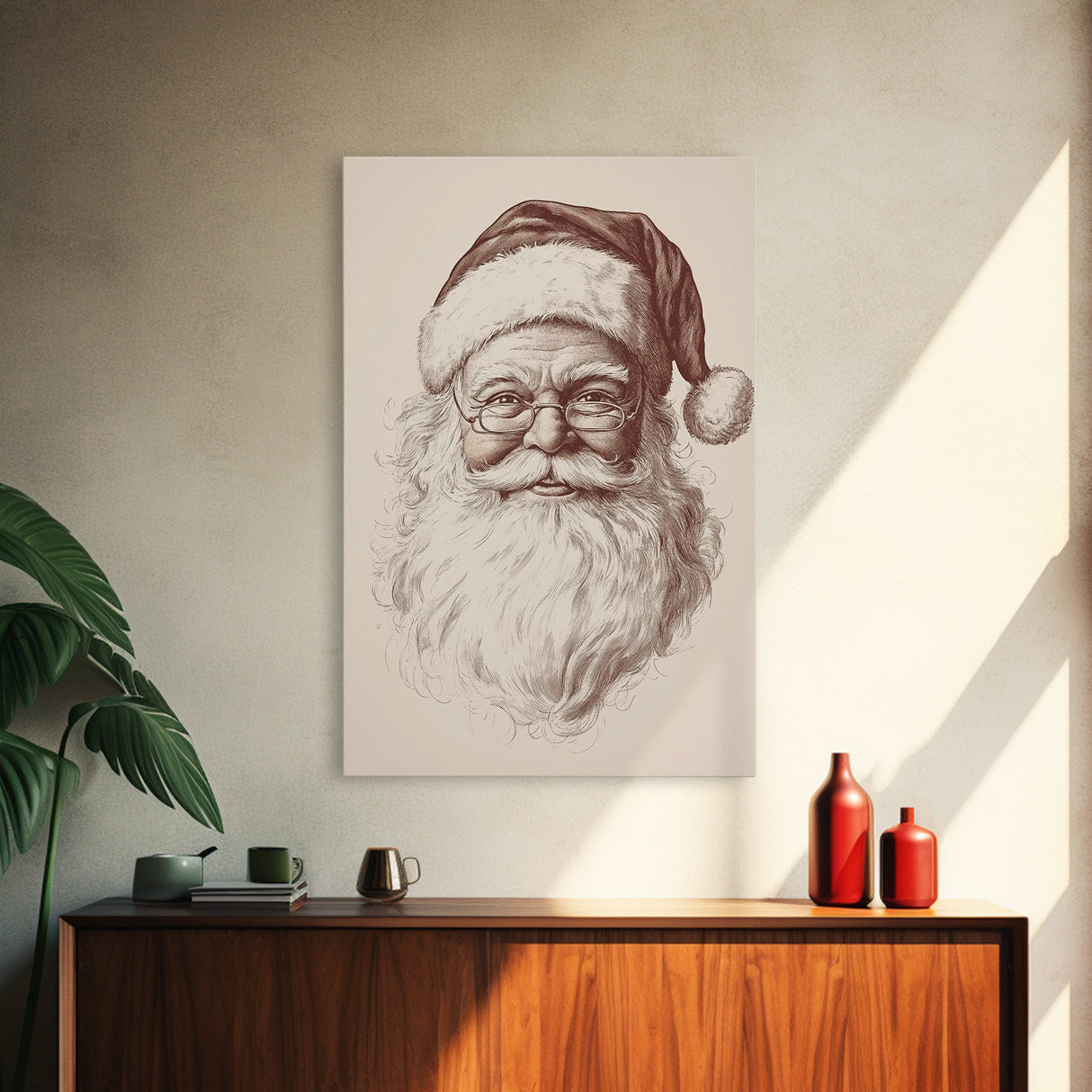 Santa Portrait Canvas Print - Framed Canvas - Minimalist Christmas Art - Boho Christmas Art - Rustic Christmas Art