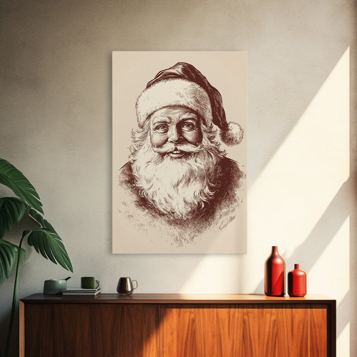 Vintage Santa Painting Canvas Print - Framed Canvas - Minimalist Christmas Art - Boho Christmas Art - Rustic Christmas Art