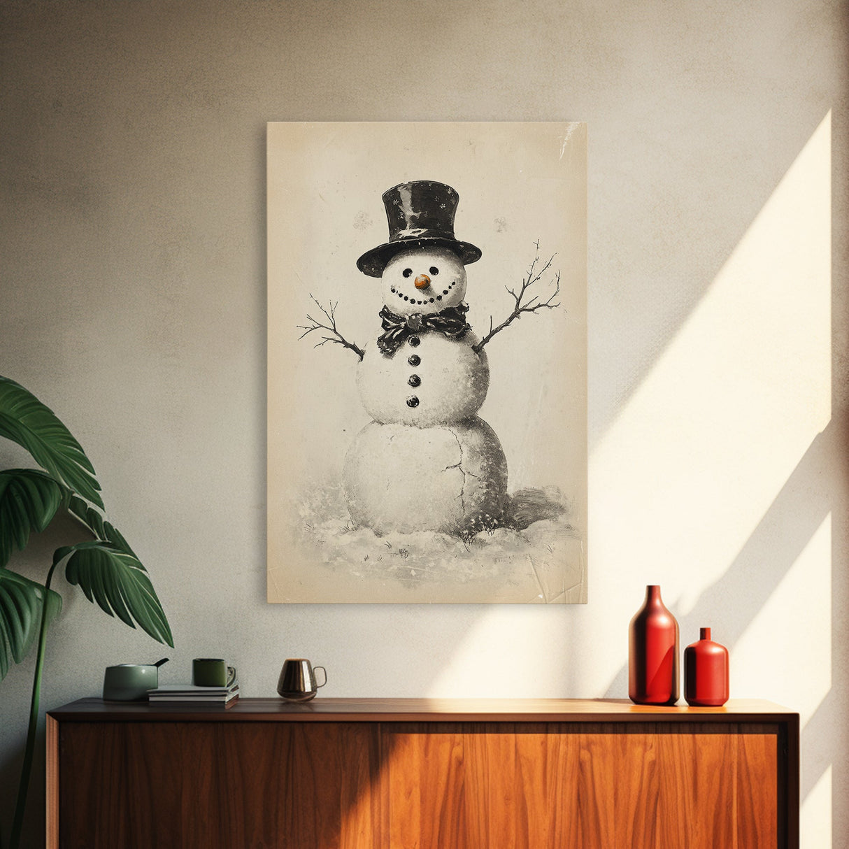 Retro Snowman Canvas Print - Framed Canvas - Minimalist Christmas Art - Boho Christmas Art - Rustic Christmas Art
