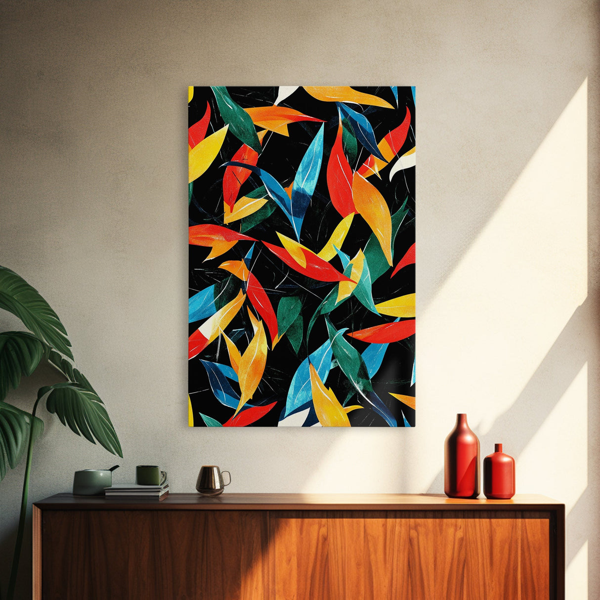 Fall Leaves Abstract Art Print, Wood Framed Art, Retro Mid-Century Modern Botanical Pattern Wall Art Print, 1950s Style Home Decor