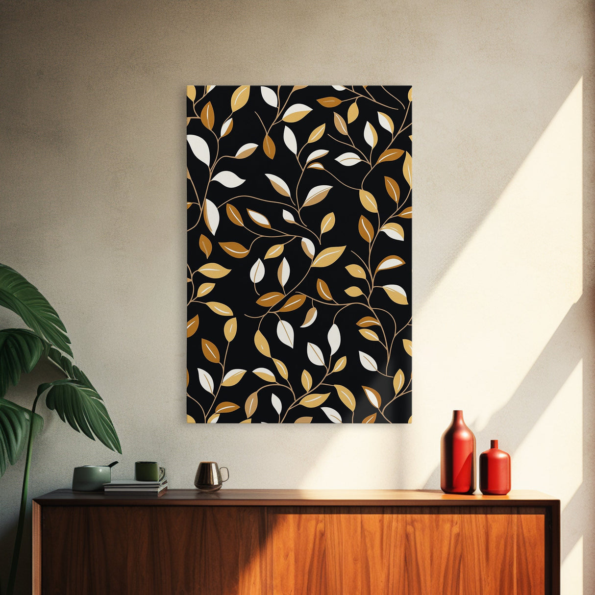 Ivy Leaves Framed Canvas Print, Mid Century Modern Pattern art, Botanical Print, Botanical Wall Art, Black Background