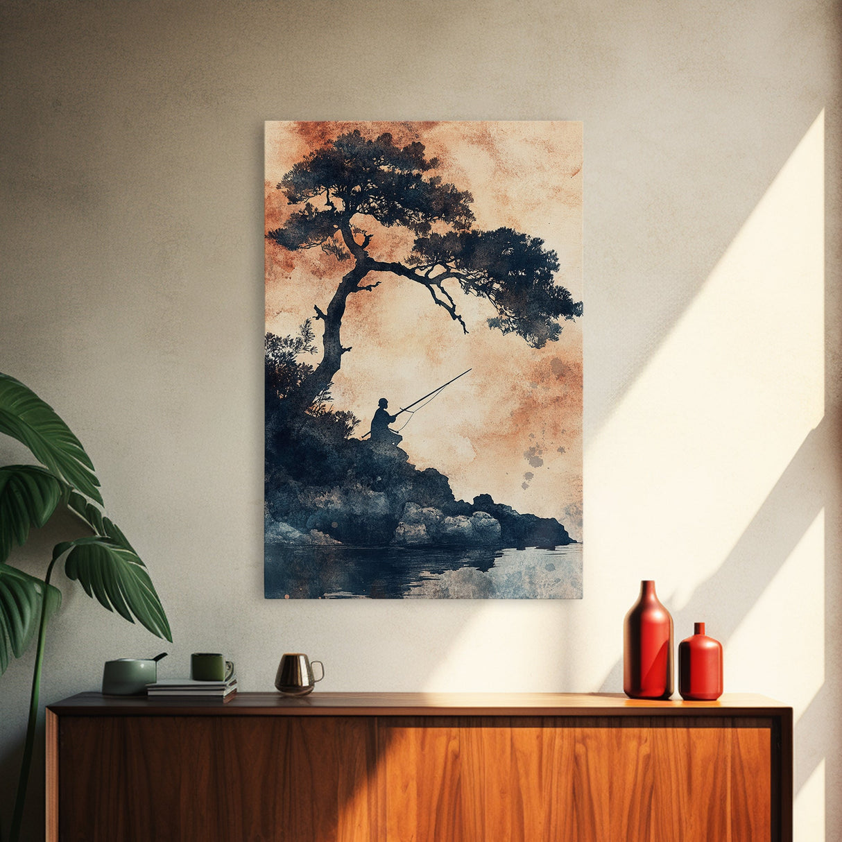 Japanese Fisherman Under a Bonzai Tree, Wabi Sabi Minimalist Decoe, Framed Canvas Print, Fishing Art, Fisherman Gift