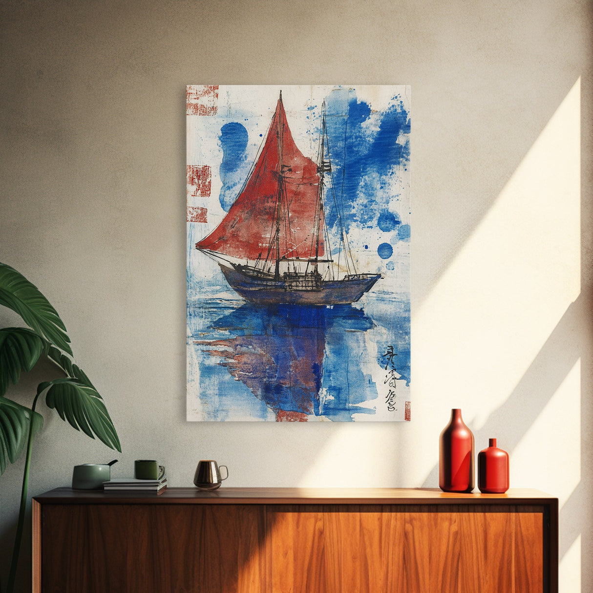 Japanese Sail Boat Watercolor Painting Print, Wood Framed Canvas Print, Wabi Sabi Nautical Wall Art, Lake House Art