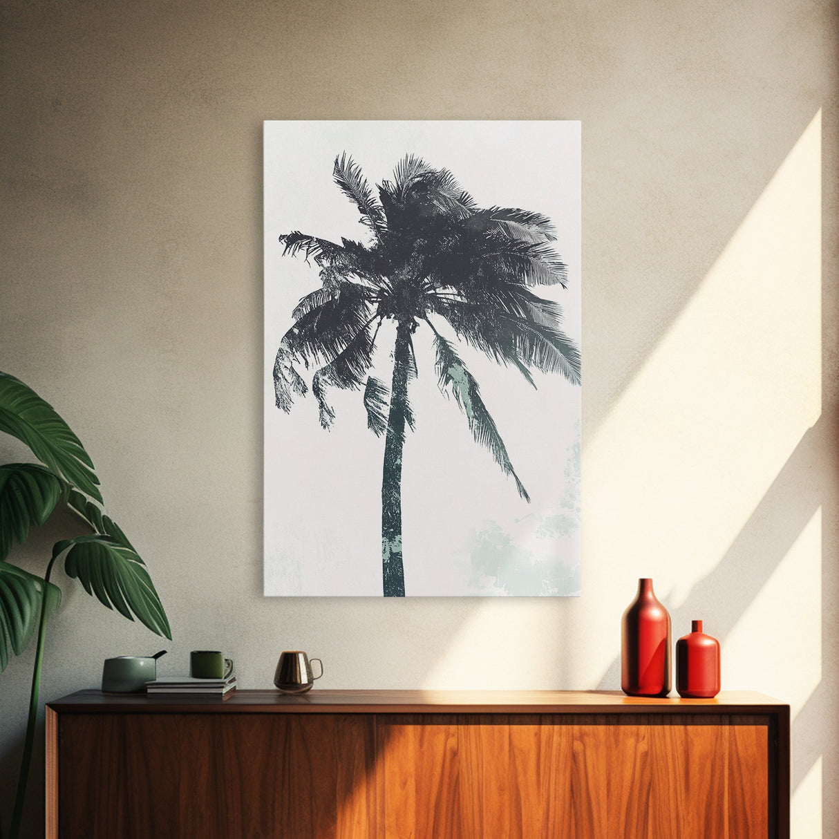 Palm Tree In The Wind, Framed Canvas Print, Wabi Sabi Watercolor Painting of a Palm Tree, Statement Piece Art