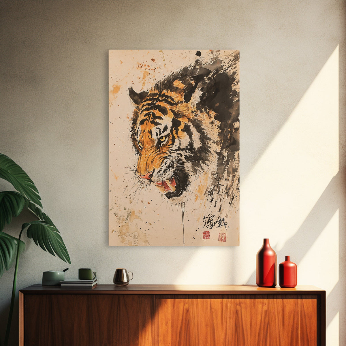 Japanese Style Tiger Painting Print, Tiger Roar, Wabi Sabi Style Art, Animal Prints, Tiger Painting, Tiger Oil Painting Canvas Print