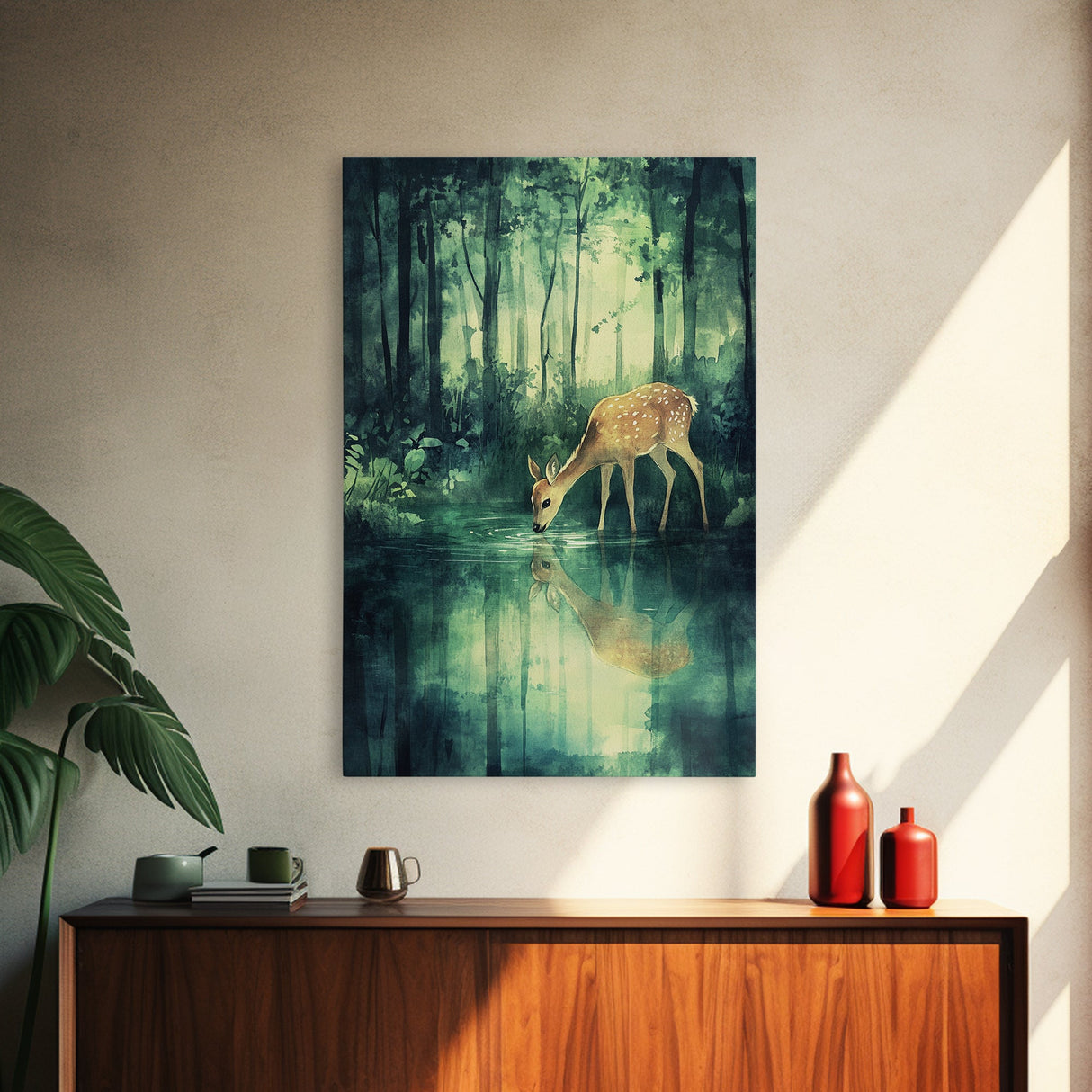 Young Deer Drinking Water In The Forest Painting Print, Wood Framed Canvas, Animal Prints, Nursery Decor, Framed Wall Art Home Decor