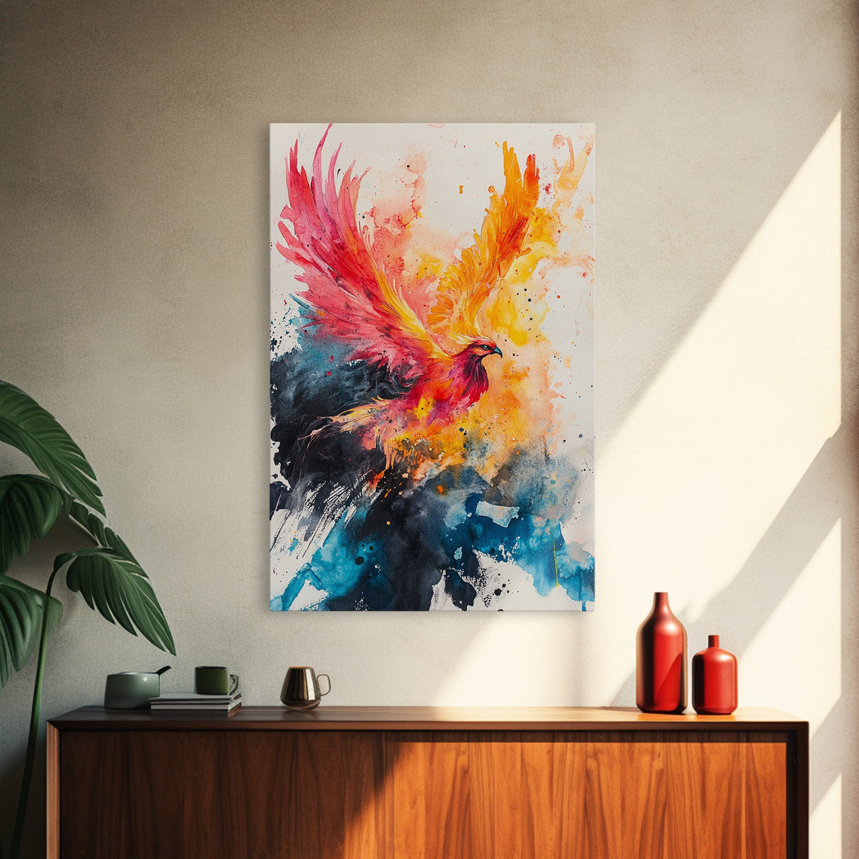 Watercolor Painting Print of a Phoenix In Flames, Retribution, Framed Canvas Print, The Phoenix, Framed Wall Art, Original Painting Phoenix