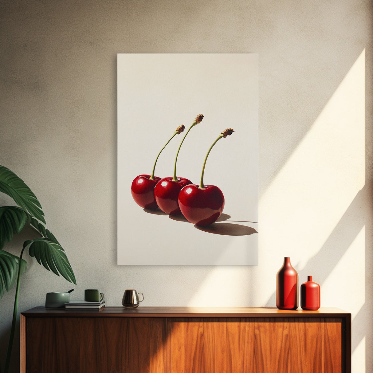 Three Cherries Framed Canvas Print, Cherry Painting, Cherry Wall Art, Ready To Hang Painting, Framed Wall Art, Photorealism, Fruit Art