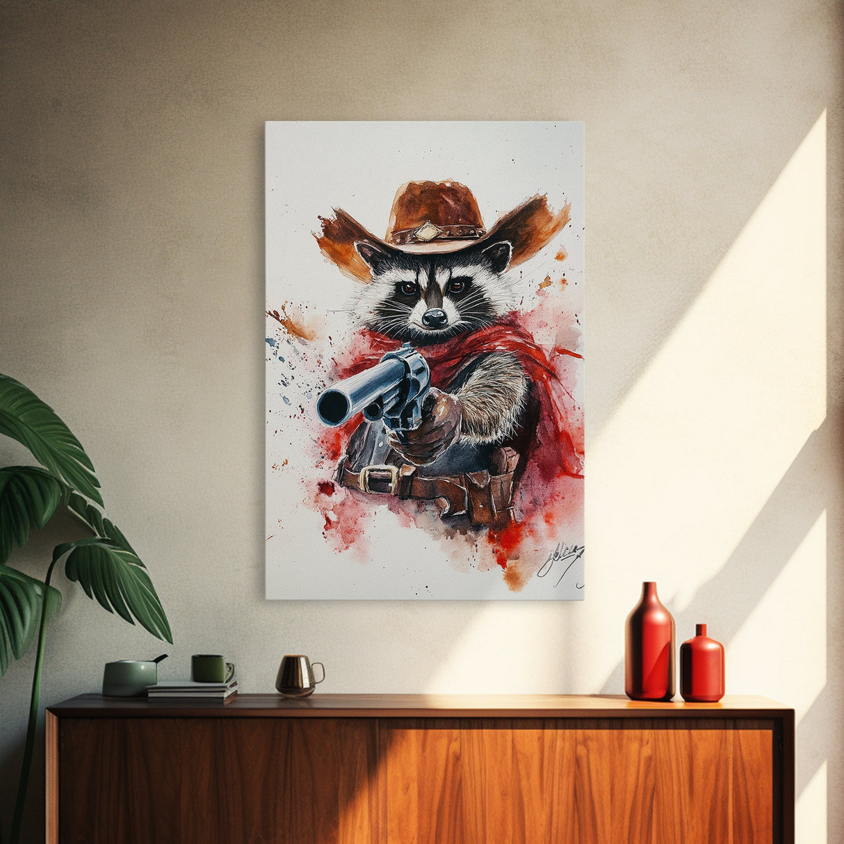 Wild West Racoon Cowboy Watercolor Painting Print, Rustic Home Decor, Framed Canvas Ready To Hang