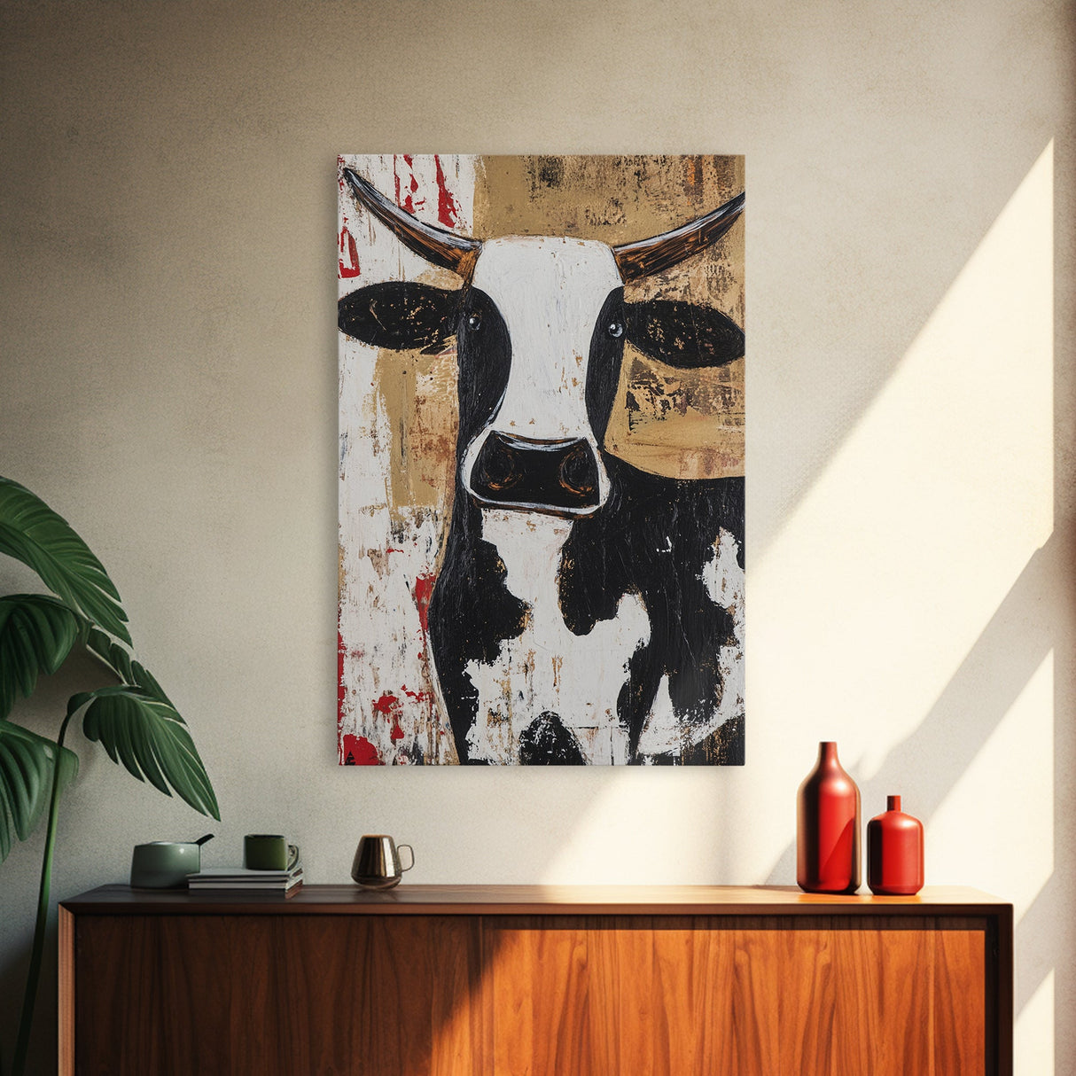 Moo Cow Wall Art, Wabi Sabi Canvas Print, Japanese Style Decor, Minimalist Cow Wall Art, Farmhouse Decor