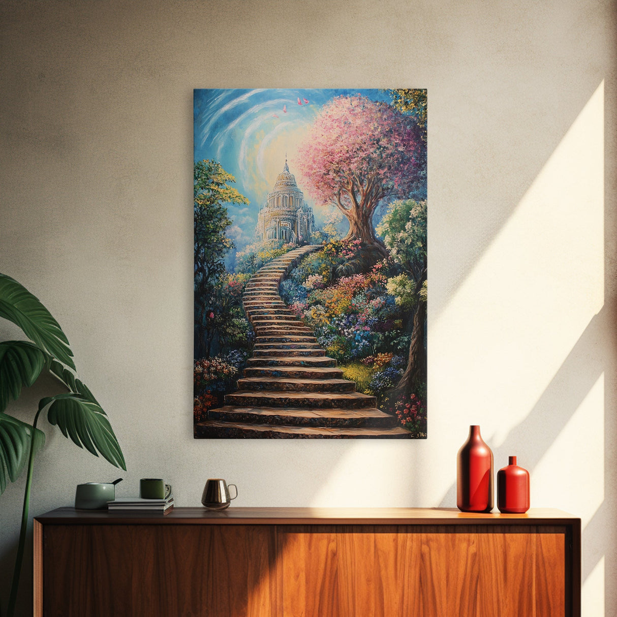 The Steps To The Sky, Framed Canvas Print, Cute Fantasy Decor, Preppy Wall Art, Gift For Her, Dorm Wall Art, Landscape Painting