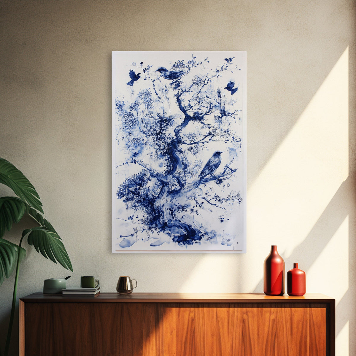 Chinoiserie Wall Art Framed Canvas Print, Blue Tree and Birds, Botanical Print, Birdwatcher Gift Idea, Chinoiserie Style Painting