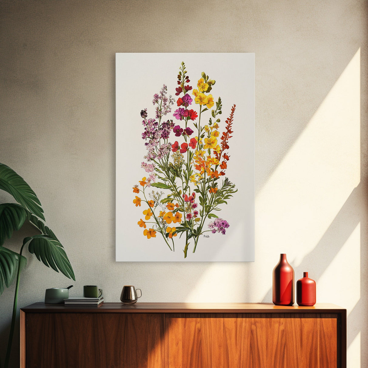 Retro Still Life Of Wild Flowers, Framed Canvas Print, Windflower Painting, Floral Print, Botanical Wall Art, Garden Decor, Wabi Sabi Wall Art