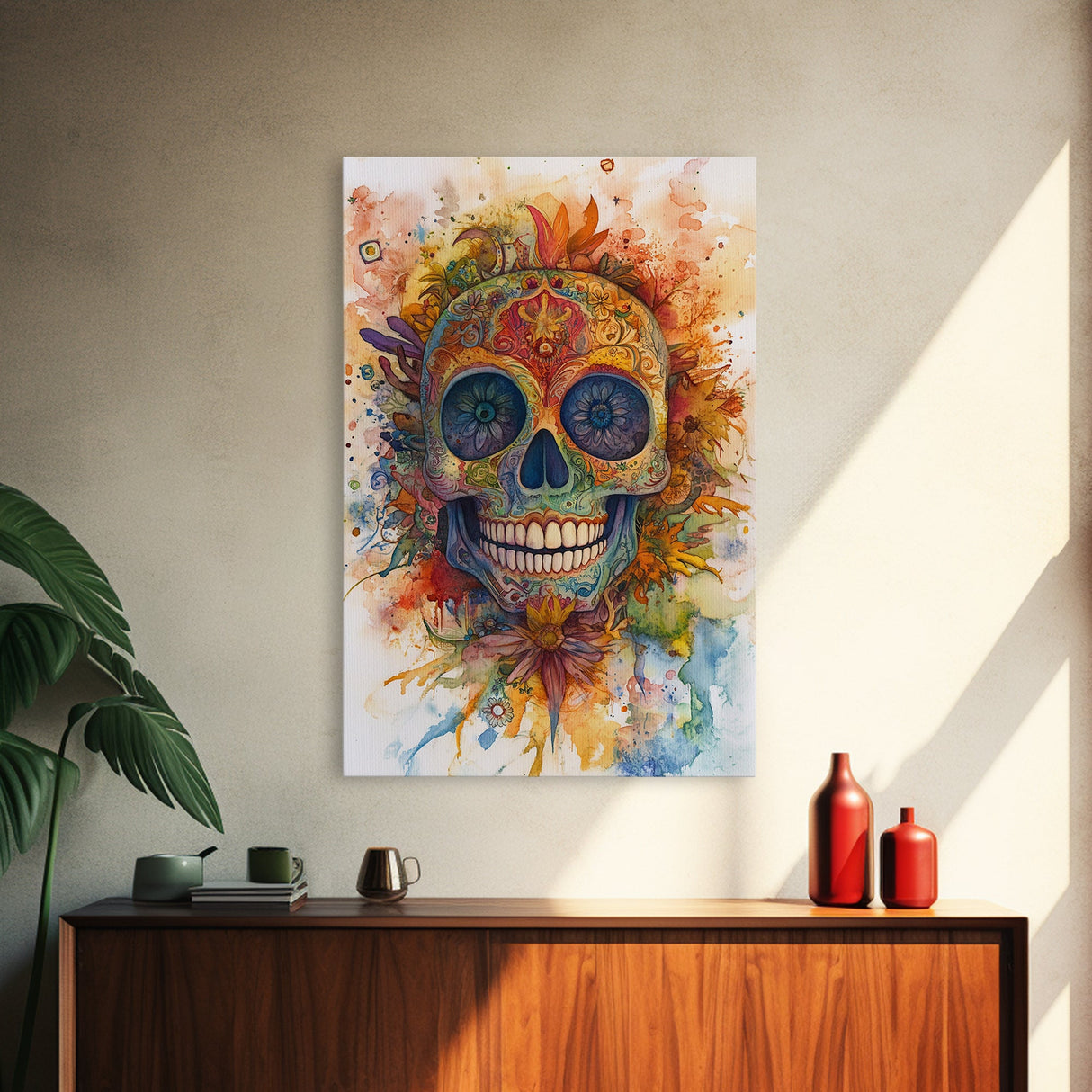 Sugar Skull Painting Print, Framed Canvas, Chicano Decor, Mexicano Wall Art, Day of The Dead / Dia de los Muertos, Mexicano Home Decor