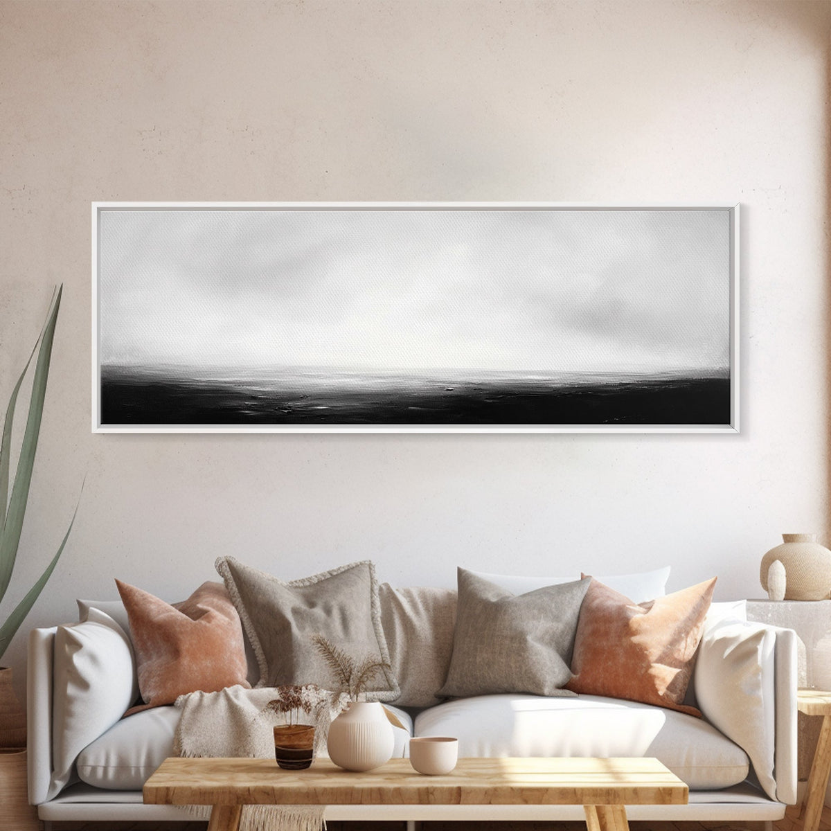 The Sea is Calm Panoramic Canvas Print, Seascape Painting, Black and White Nautical Art, Moody Decor, Muted Art, Subdued Art