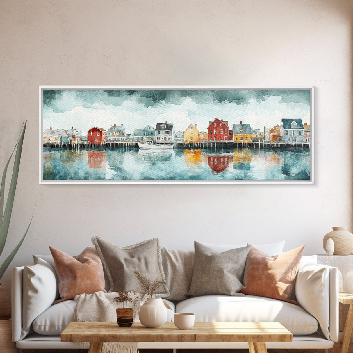 Panoramic Painting Print of Nantucket, Framed Canvas Print, Nantucket Painting, nautical seascape landscape painting, Nautical Decor