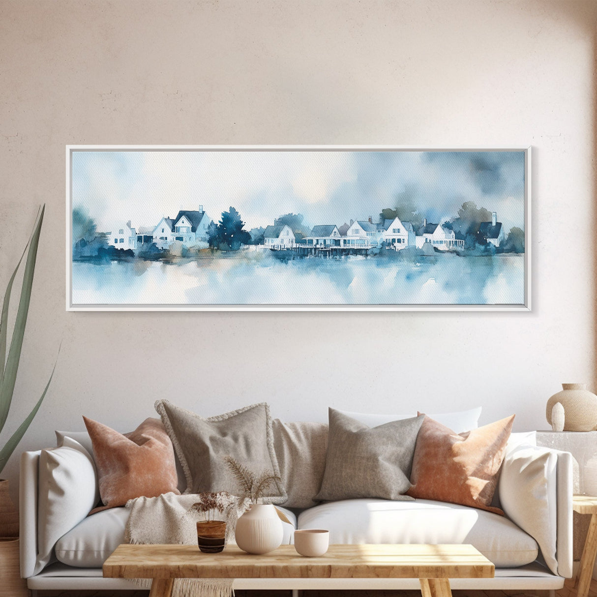 Horizontal Painting Print of Nantucket, Framed Canvas, Nautical Decor, Seascape landscape painting, Panoramic Nantucket Wall Art
