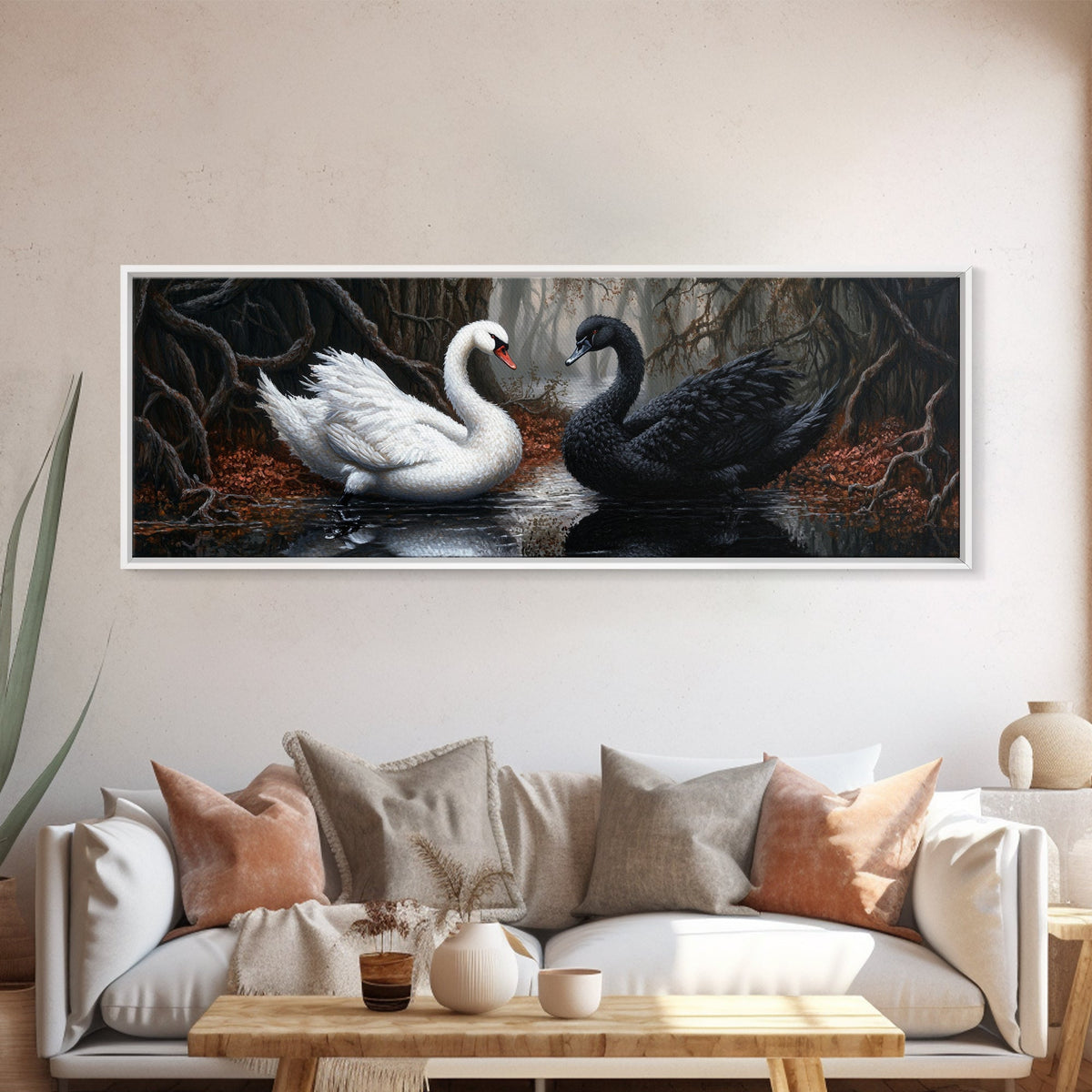 Black and White Swan Form A Heart, Framed Canvas Print, Swan Painting, Black Swan Art, Dark Romance, Panoramic Art, Gothic Art