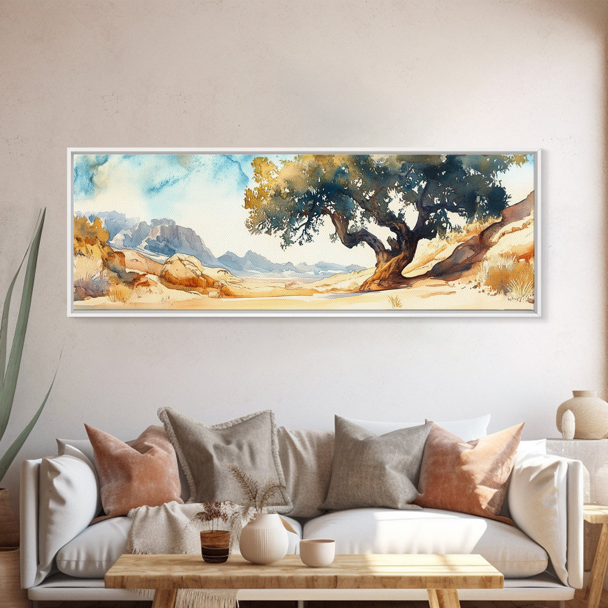 Huge Living Room Wall Art Painting of Joshua Tree, Framed Canvas Print, Oversized Horizontal Panoramic Art, Desert Painting