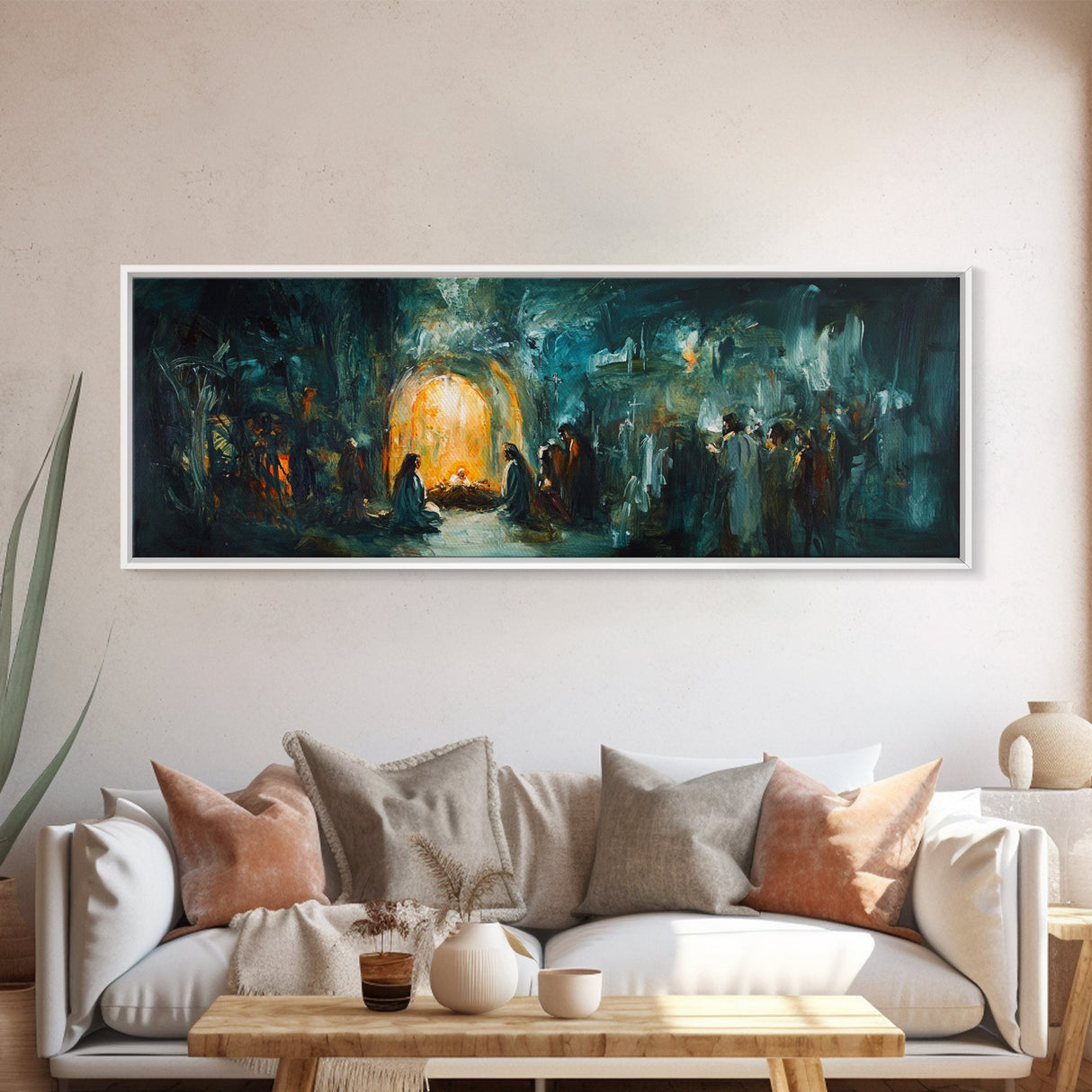 Horizontal Nativity Scene Painting Print, Framed Canvas Print, Nativity Art, Christmas Decor, Traditional Christmas Wall Art