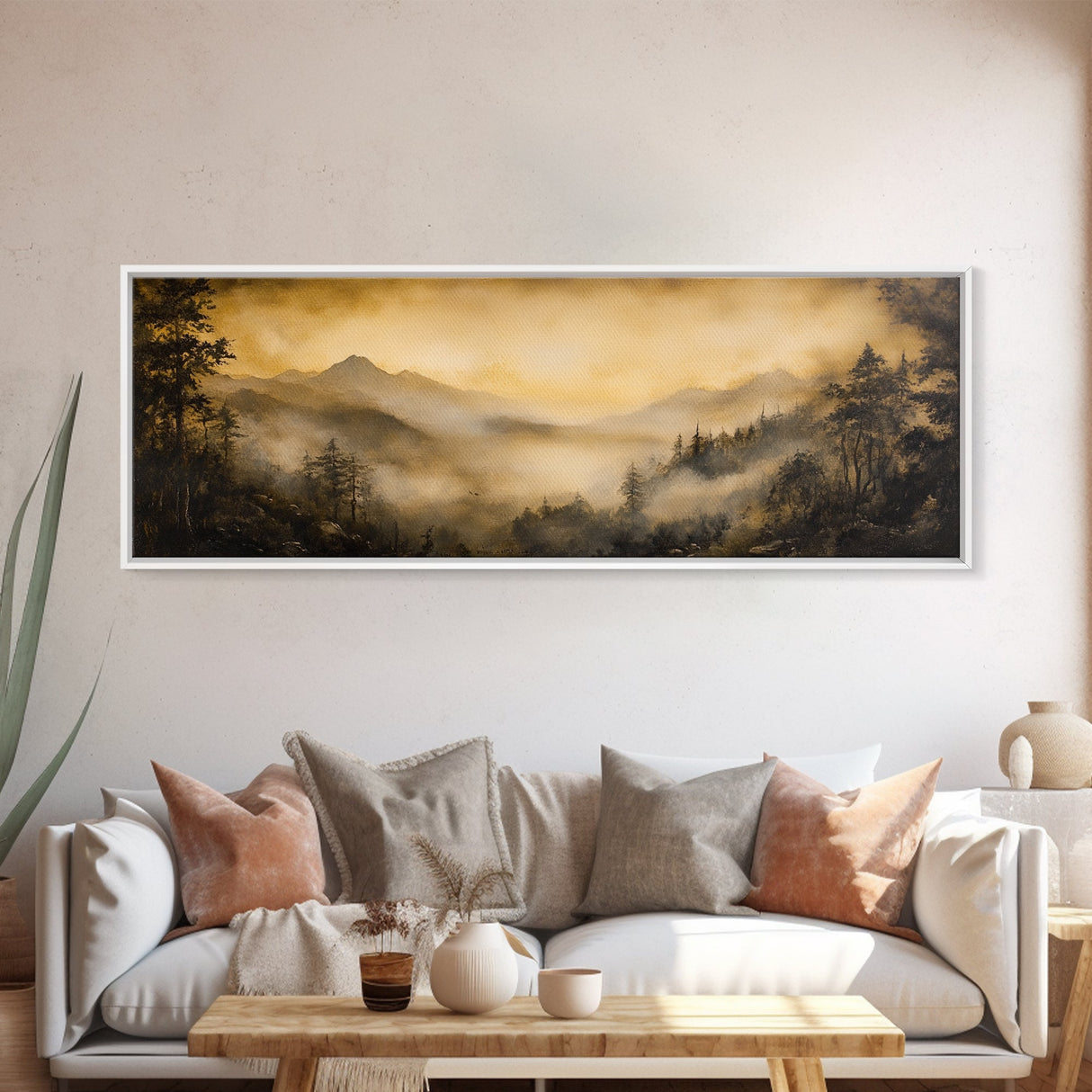 Fog Over The Blue Ridge Mountains Watercolor North Carolina Landscape Wall Art, Appalachian Highlands Canvas Print Nature Fine Artwork