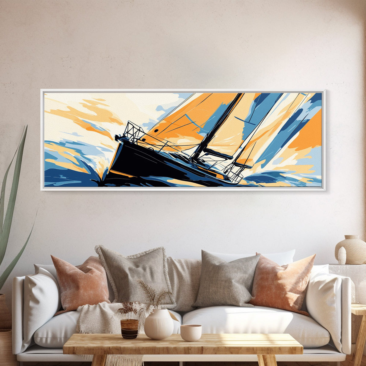Pop Art Sailboat Painting Print - Vibrant Colorful Seascape Art - Nautical Landscape - Panoramic Ultra Wide Wall Art - Sail Boat Art