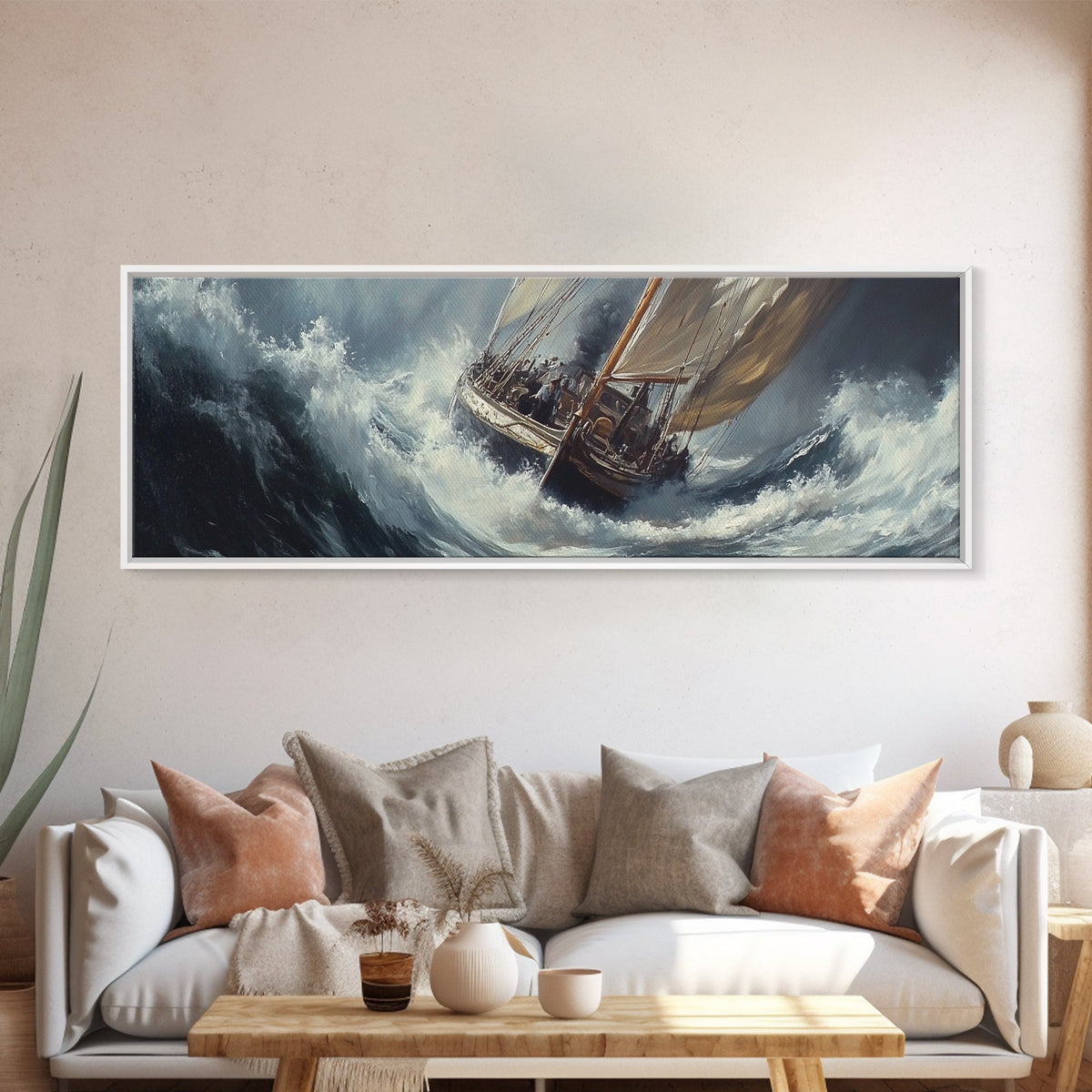 The Storm and the Sailboat Framed Canvas Print - Sailboat Painting - Nautical Decor - Hurricane Painting - Nautical Sailboat Landscape Painting