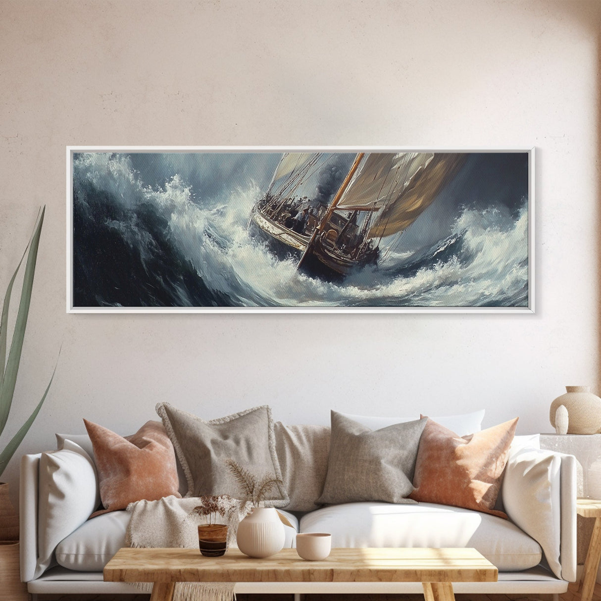 The Storm and the Sailboat Framed Canvas Print - Sailboat Painting - Nautical Decor - Hurricane Painting - Nautical Sailboat Landscape Painting