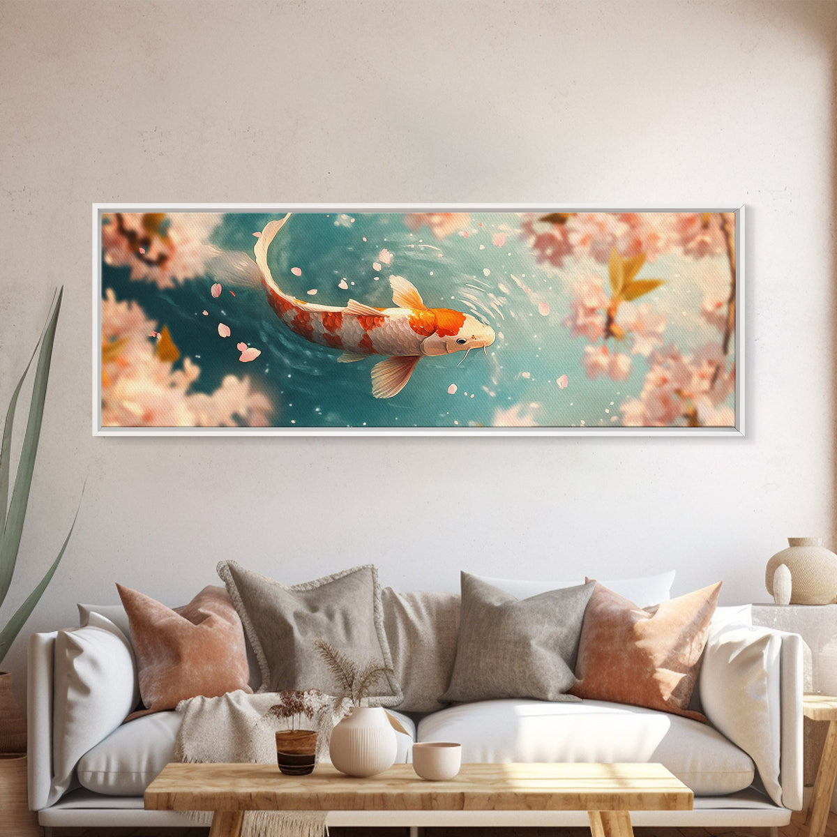 Reflections of a Koi Fish Panoramic Print, Canvas Print, Ready To Hang Wall Art, Koi Fish Painting, Soothing Decor, Zen Studio Art