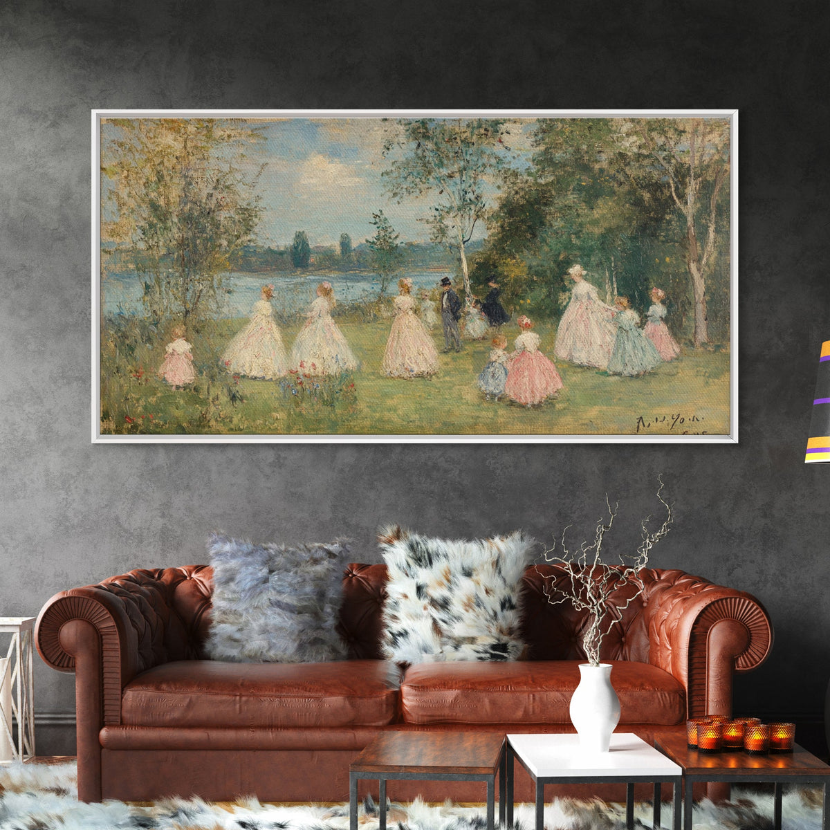 Victorian Spring, Framed Canvas Print, Victorian Style Oil Painting of Ladies On The River
