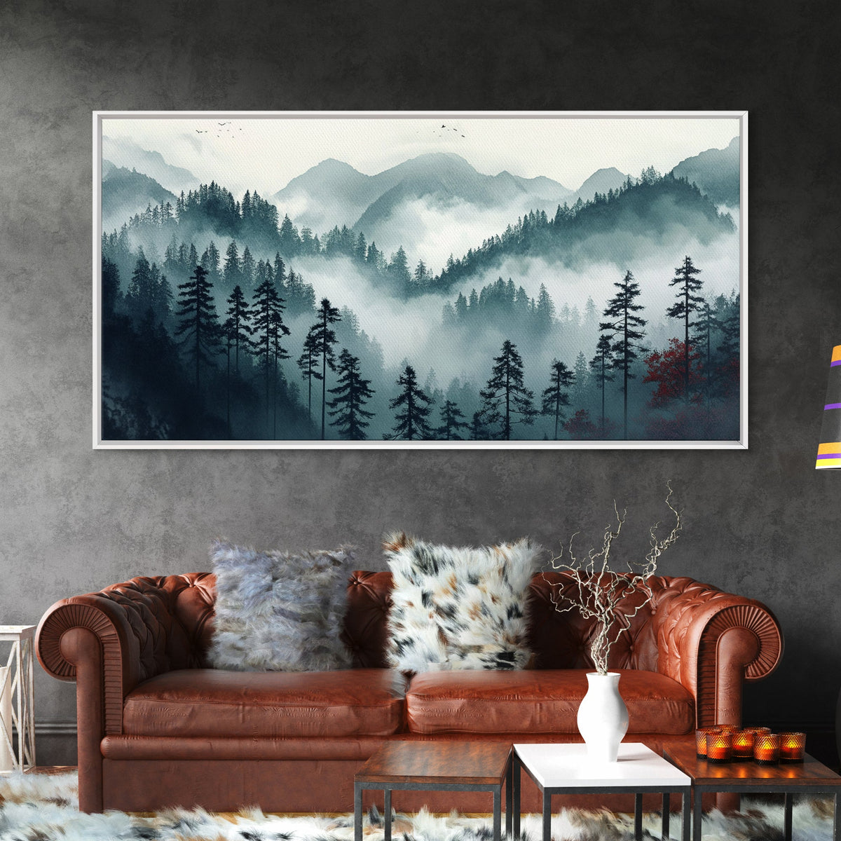 Foggy Mountain Landscape At The Break of Dawn, Framed Canvas Print, Foggy Landscape Painting, Blue Ridge Mountains Painting Print