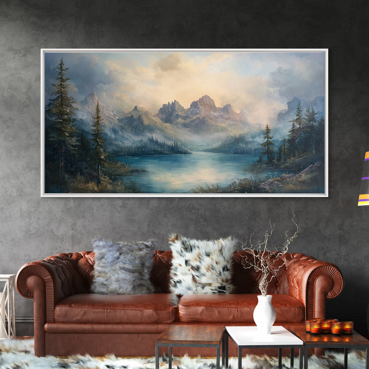 Foggy Mountain Forest Landscape Painting Print, Landscape On Canvas Ready Too Hang - Large Panoramic Canvas Wall Art Prints Landscape Art