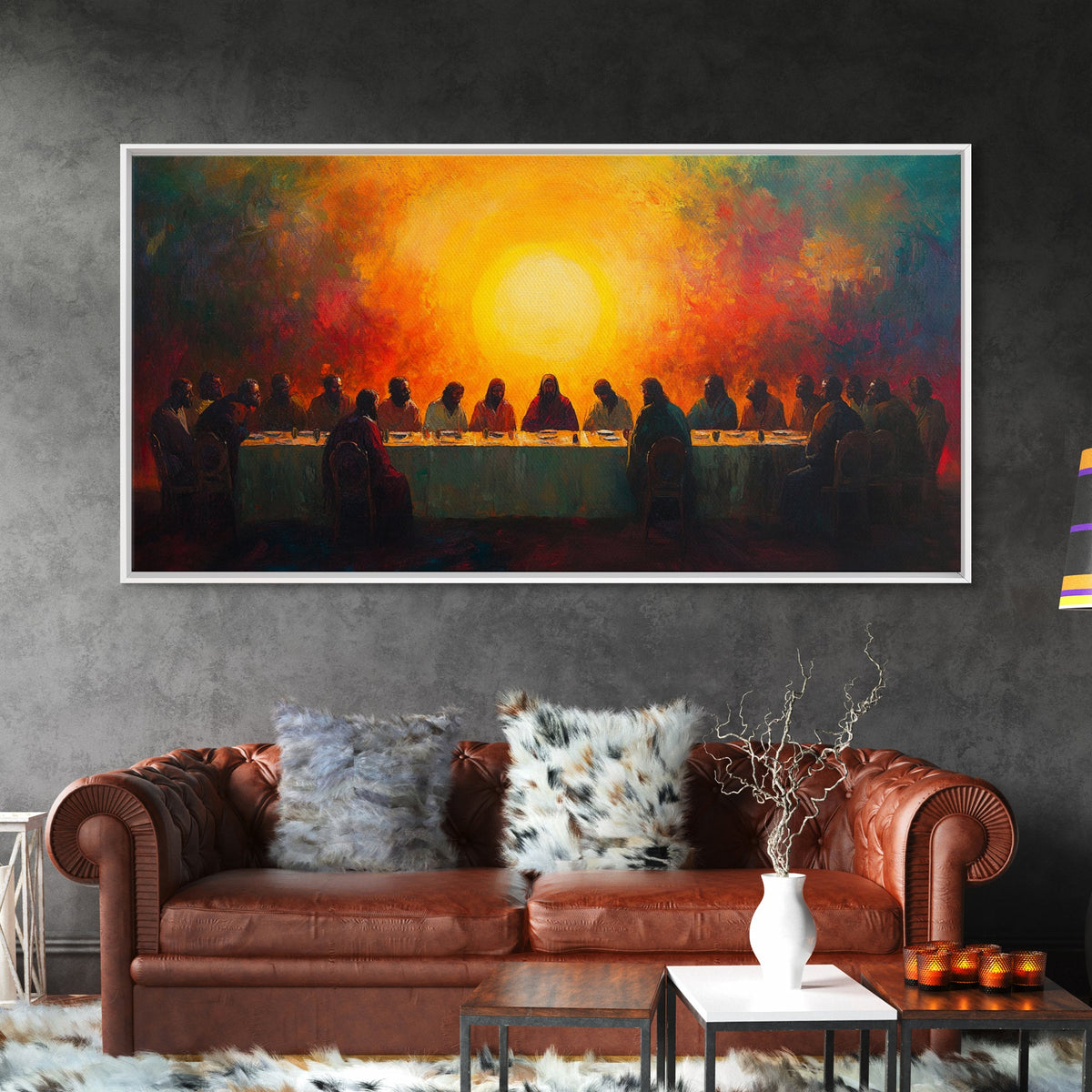 Scenic Depiction Of The Last Supper Framed Canvas Print - Jesus Art, Bible Wall Art, Christian Faith Home Decor, Last Supper Oil Painting
