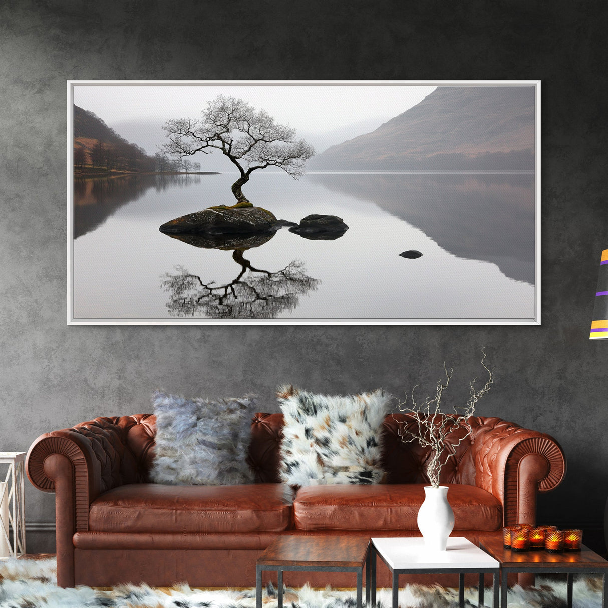 Lone Bonzai Tree On an Island Framed Canvas Print - Ready To Hang Wall Art - Wabi Sabi Landscape Painting - Japanese Style Wall Art